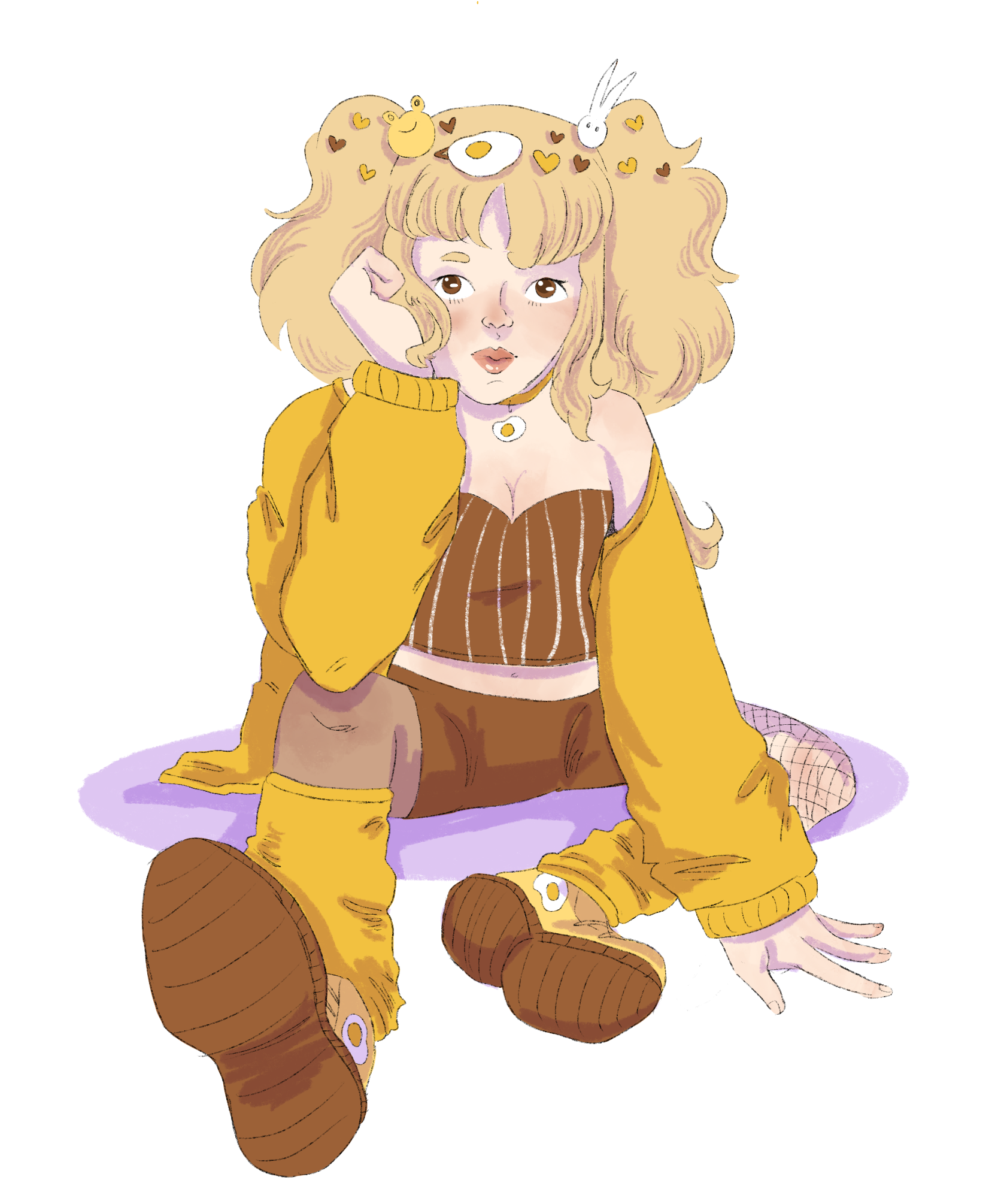 Digital drawing of a blond white girl dressed in yellow and brown.