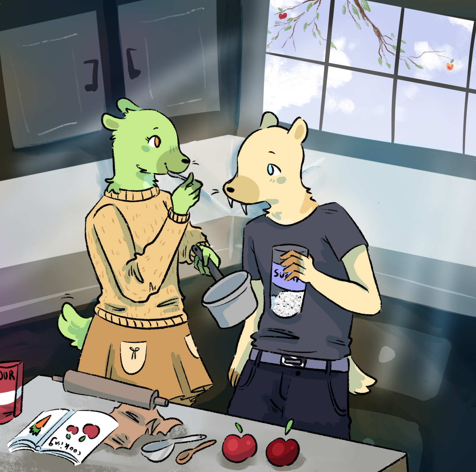 Digital drawing of two anthromorphic bears baking together.