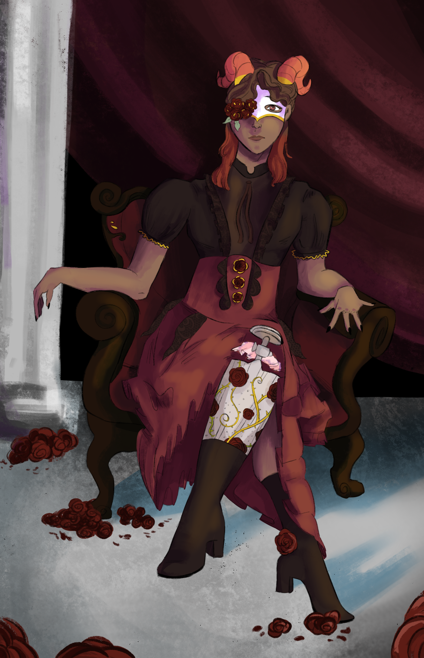 Digital drawing of a woman on a throne. She has brown skin, a prosthetic leg, red hair, horns and roses around her.