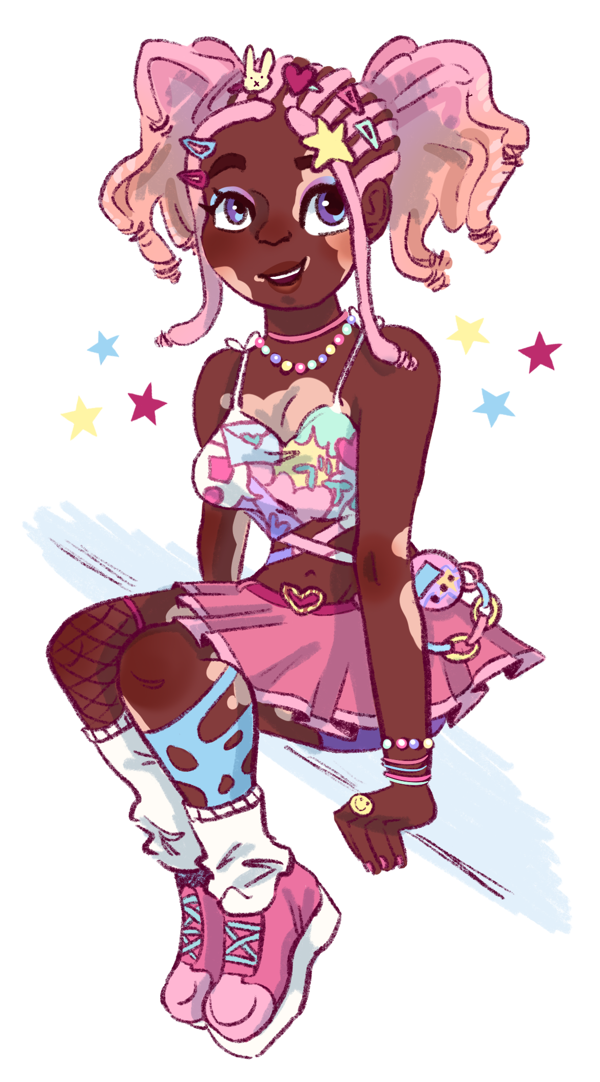 Digital drawing of a black woman with vitiligo dressed in pastel colours.