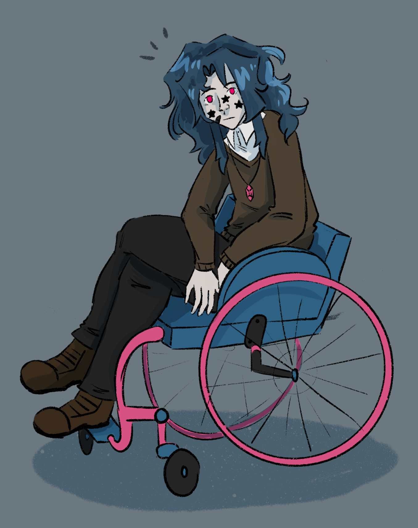 Digital drawing of a white man in a wheelchair with blue-grey messy hair.