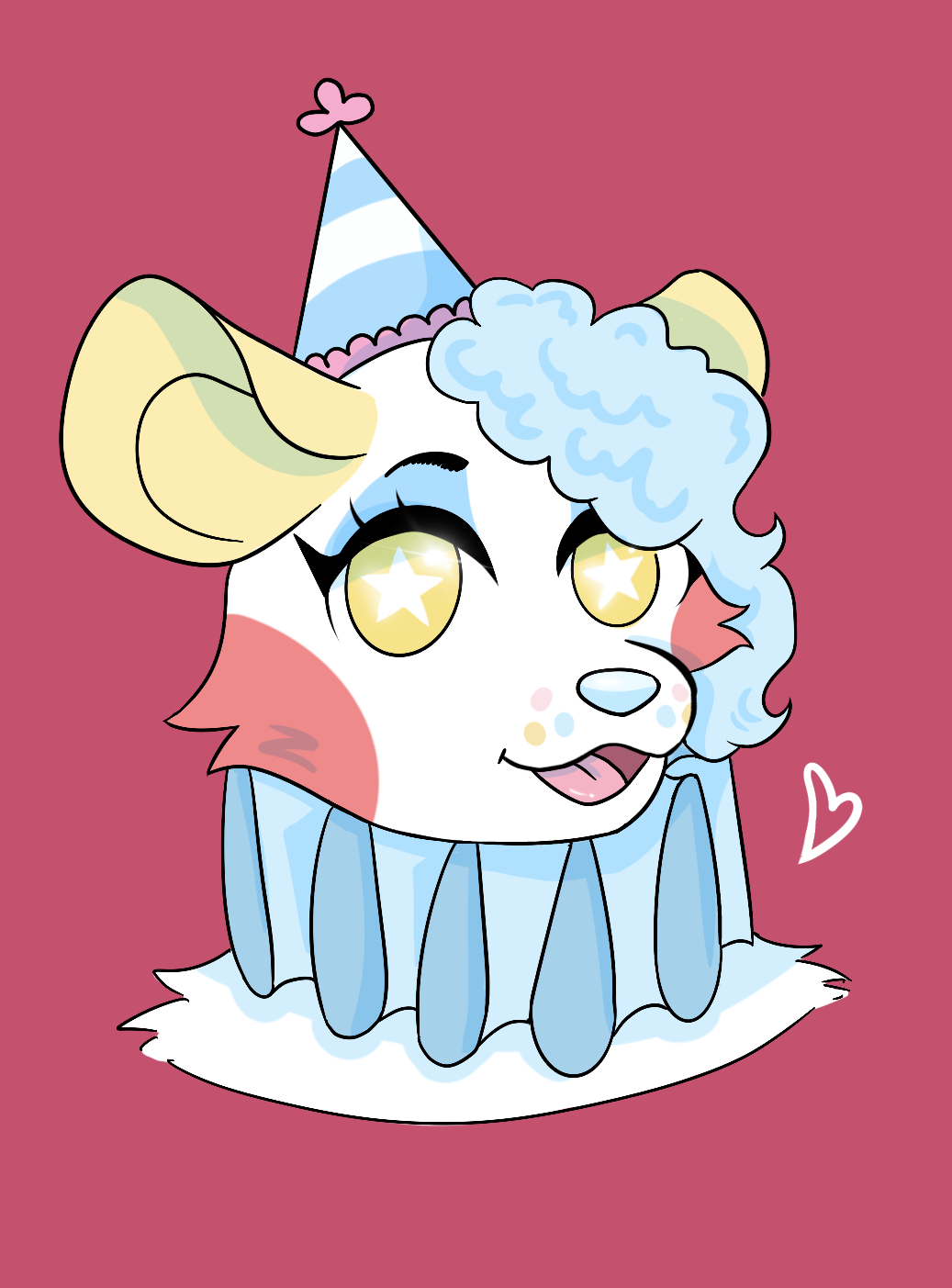 Digital drawing of a clown mouse in pastel red, blue and yellow.