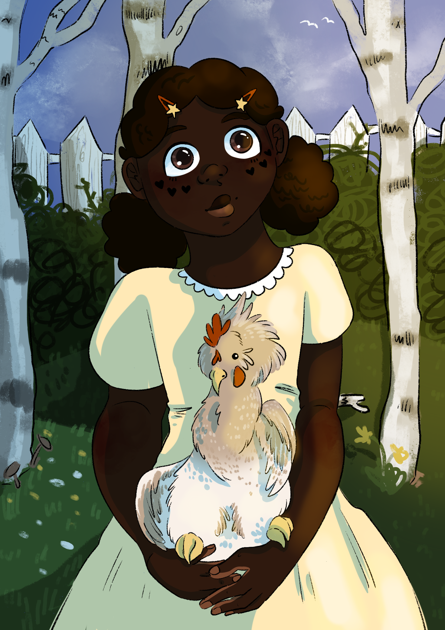 Digital drawing of a young black girl with afro puffs holding a chicken and wearing a pale yellow dress.