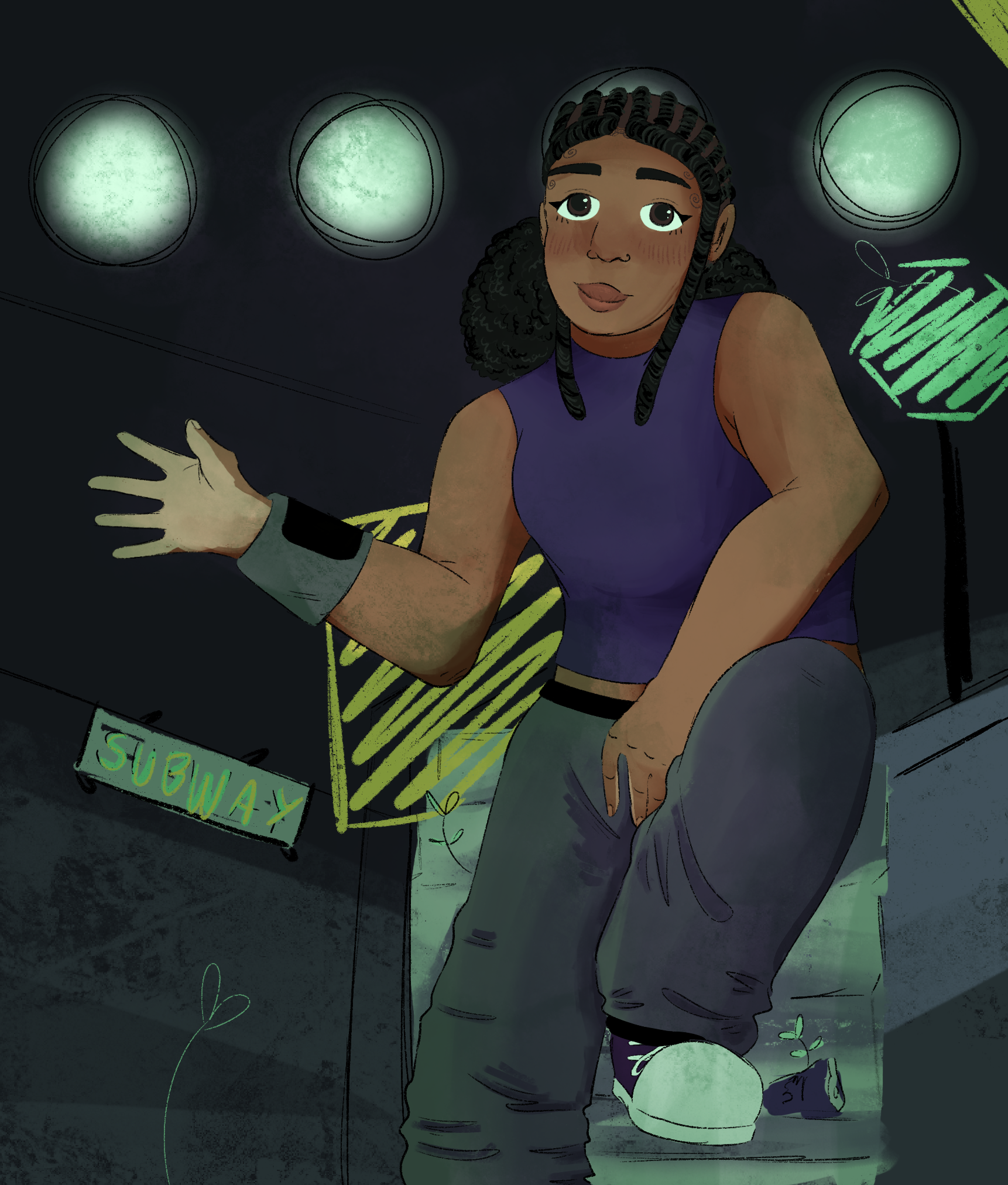 Digital drawing of a black woman in a subway tunnel.
