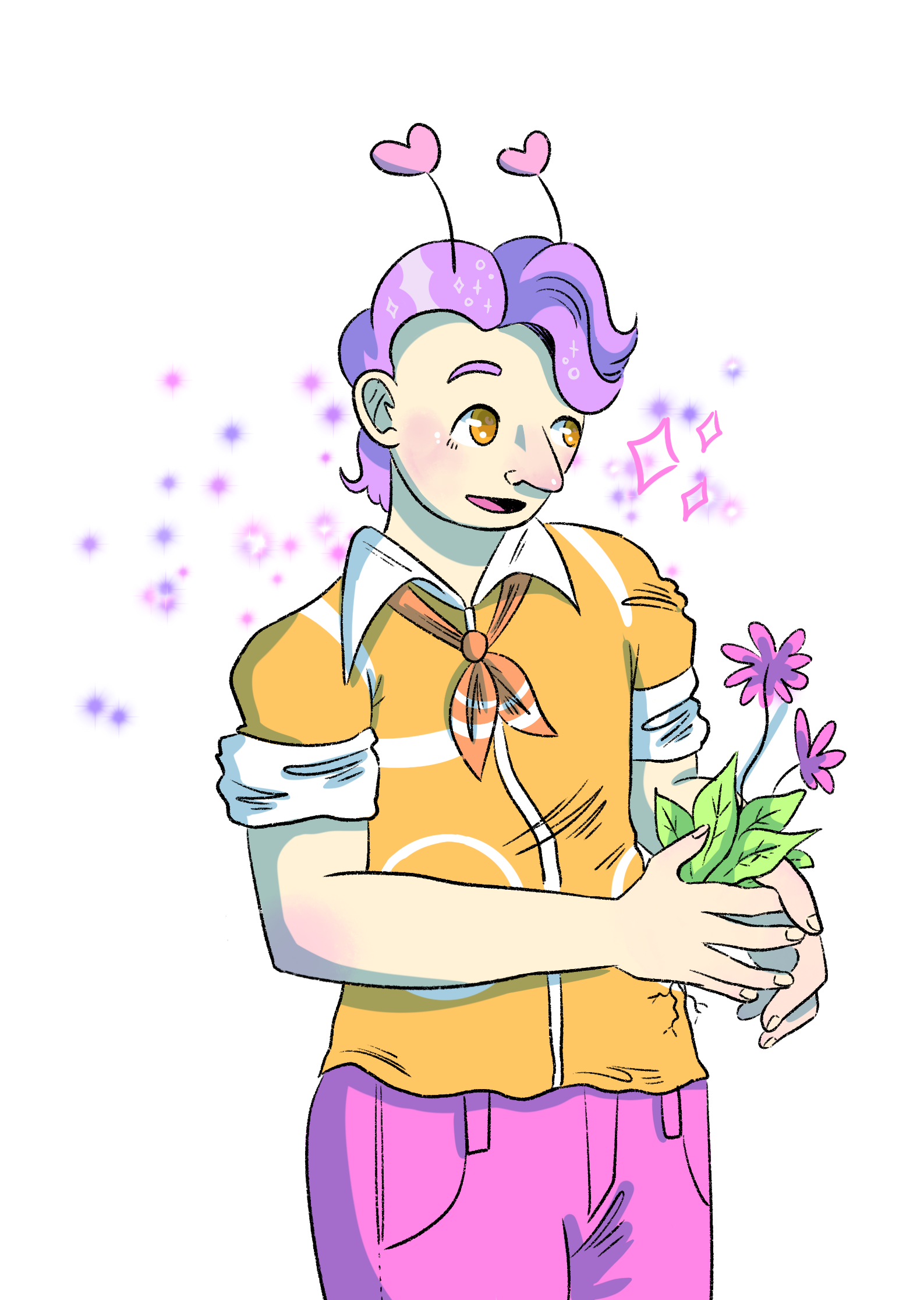 Digital drawing of a pink haired man holding flowers.