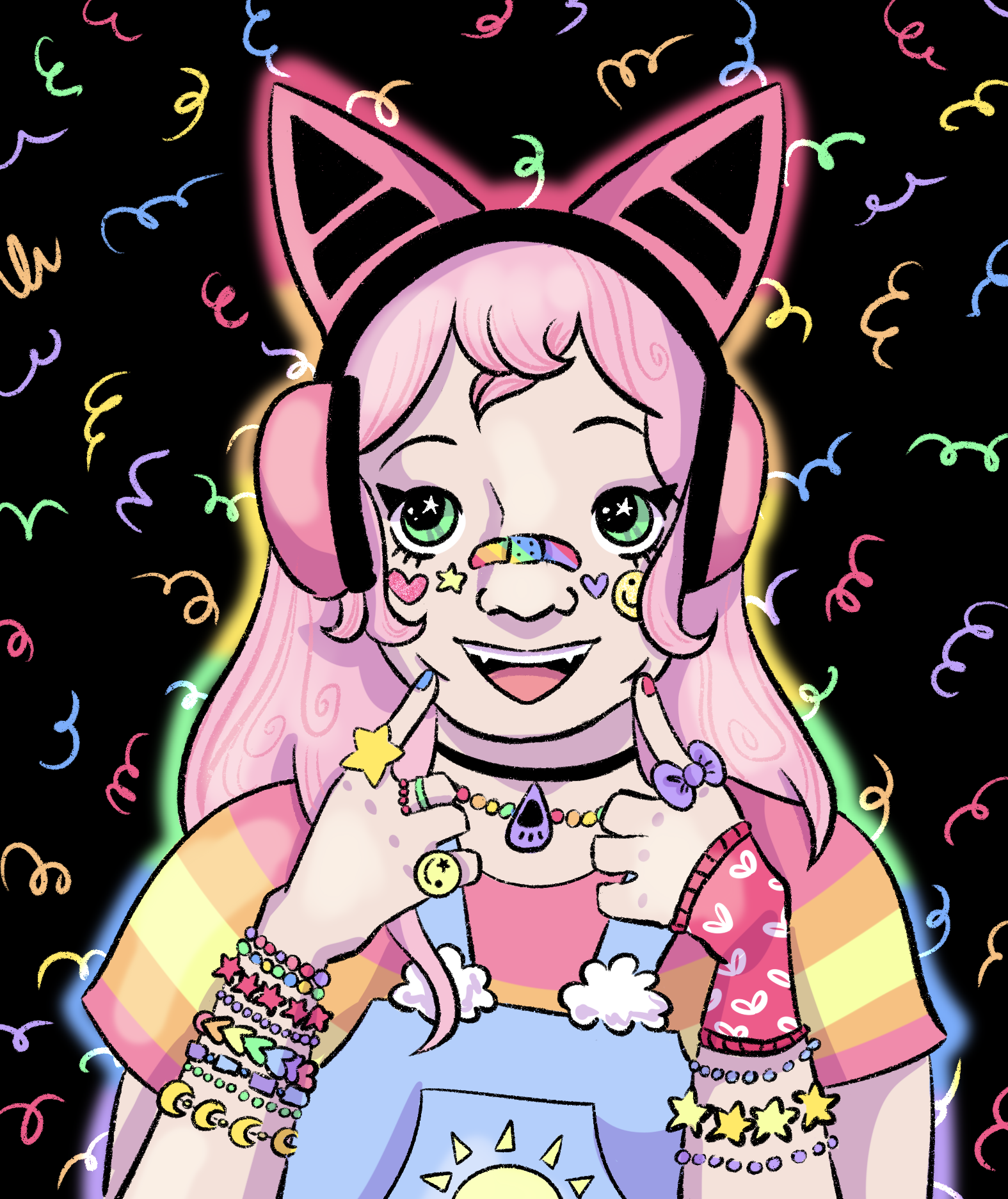 Digital drawing of a girl with pink hair and cat ear headphones.