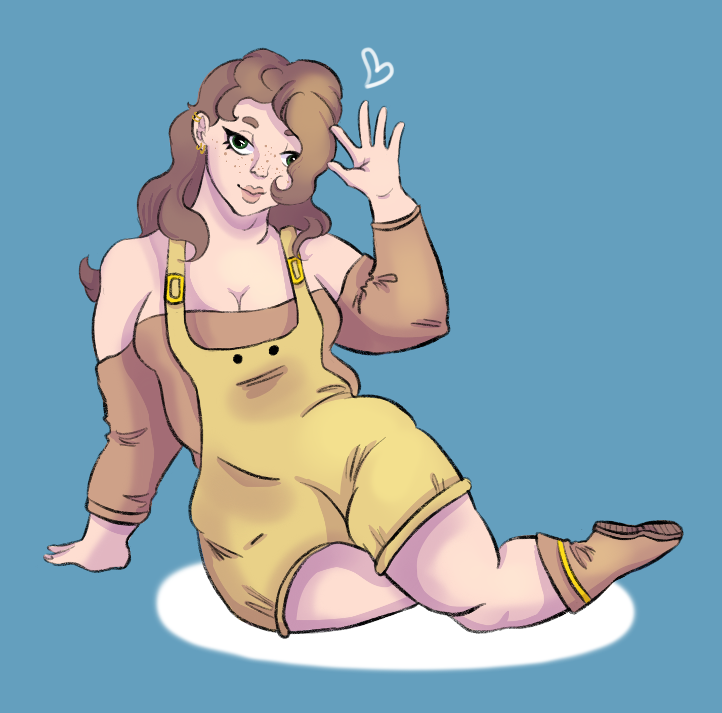 Digital drawing of a white woman with brown hair wearing yellow dungarees.