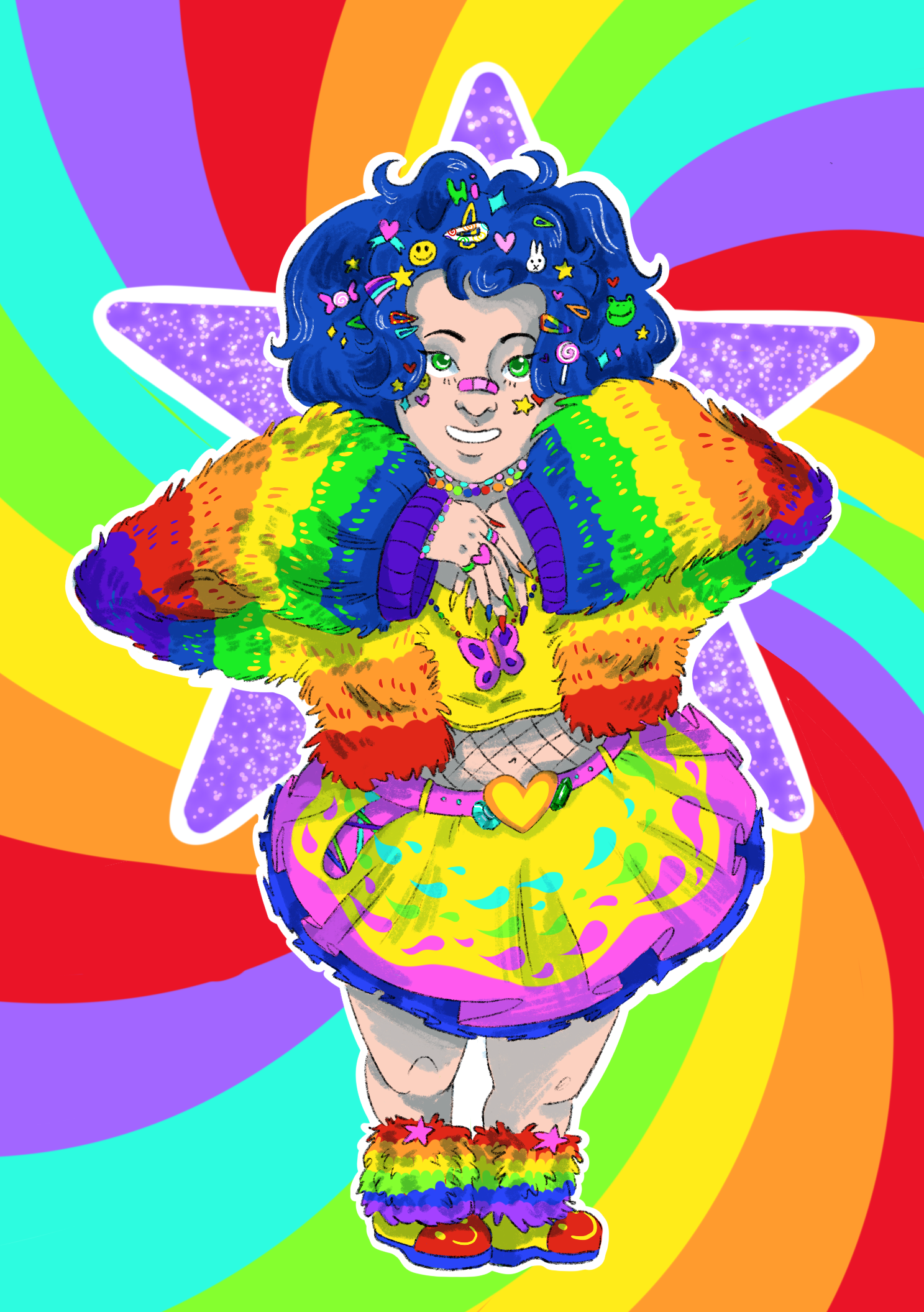 Digital drawing of a white girl in rainbow clothes with blue hair.