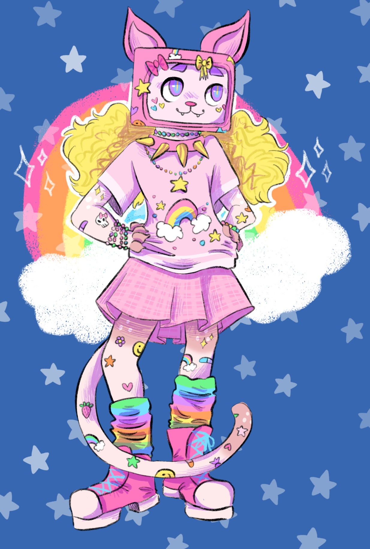 Digital drawing of a girl with a pink tv head, cat ears and tail.