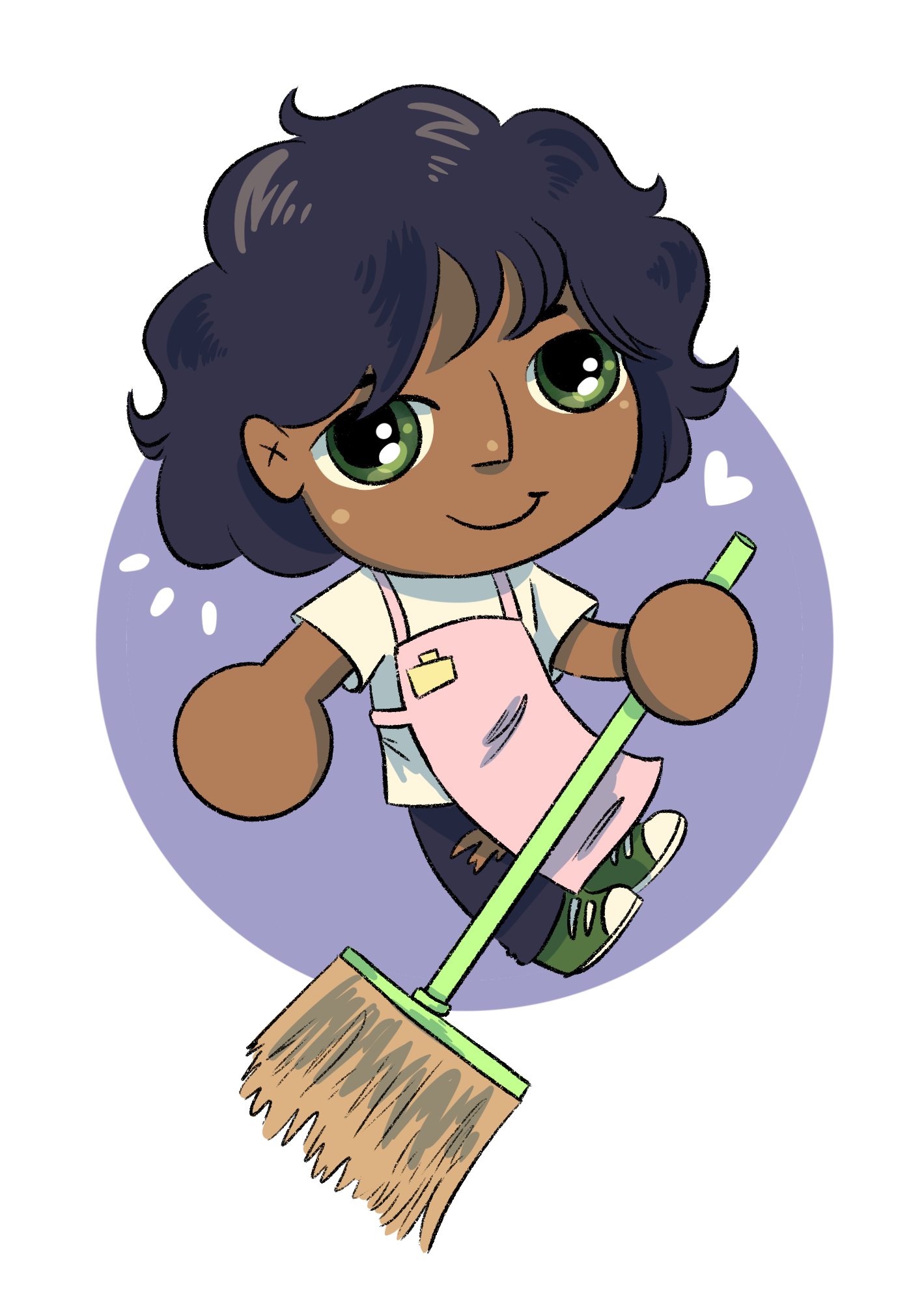 Chibi drawing of a brown skinned man holding a broom.