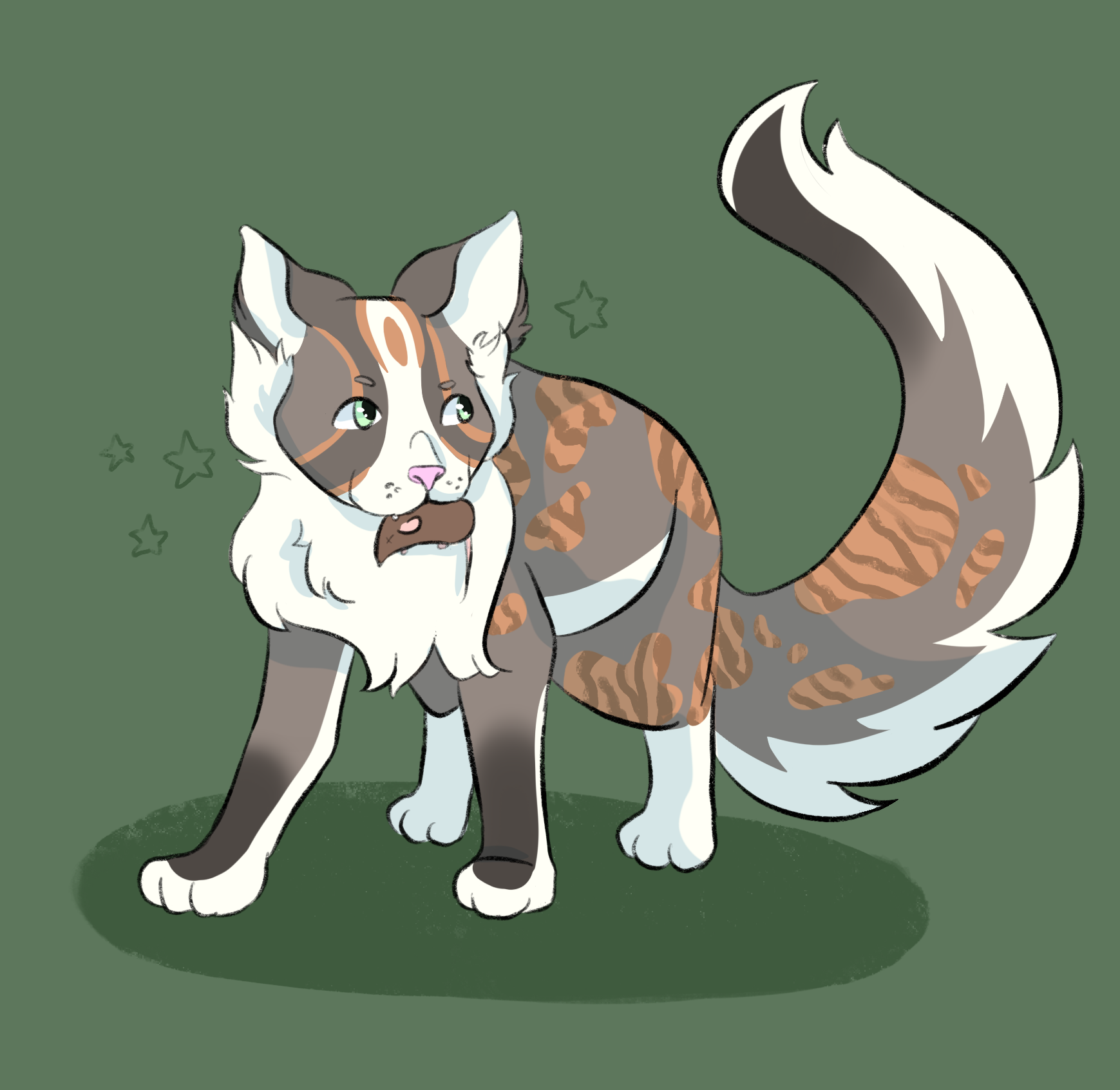 Digital drawing of a white and brown tabby cat holding a mouse in his mouth.