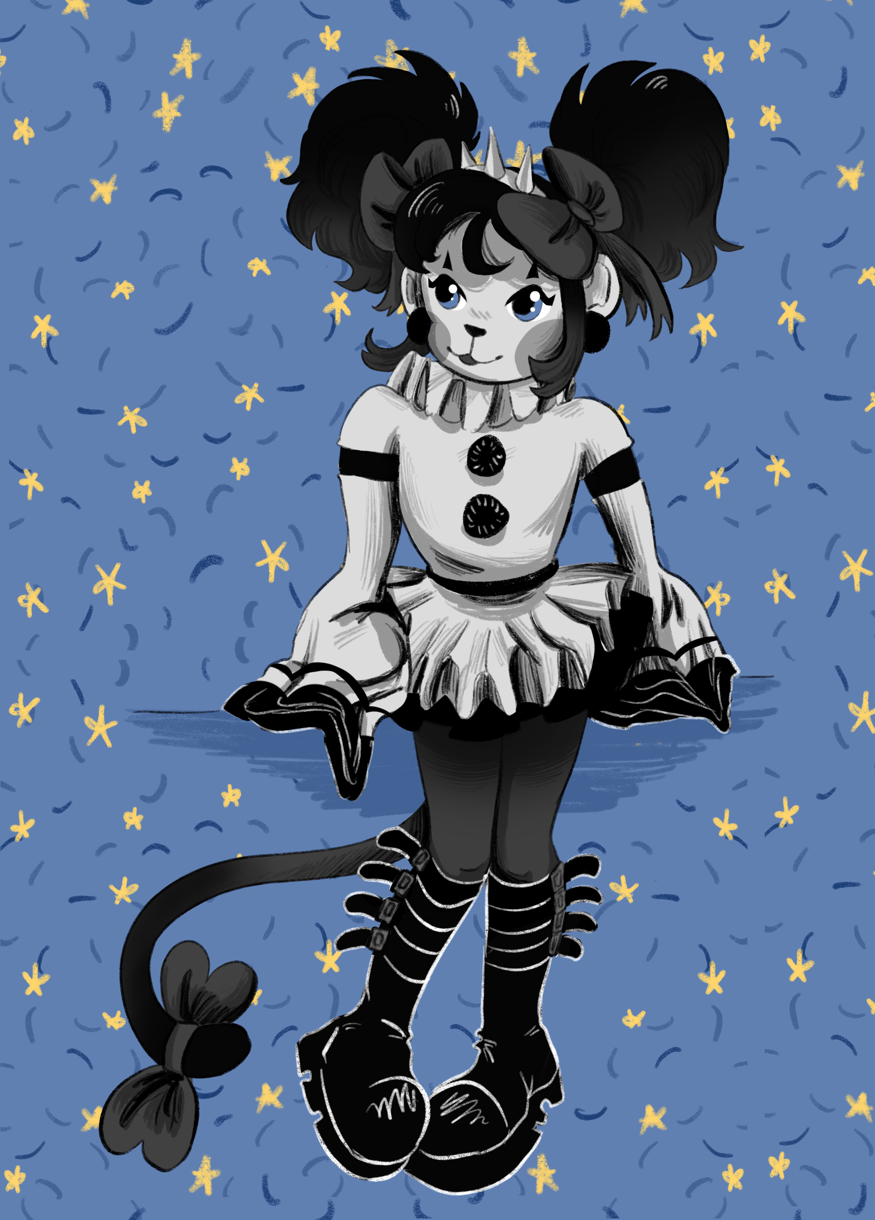 Digital drawing of an anthro monkey dressed as a clown in monochrome greys.