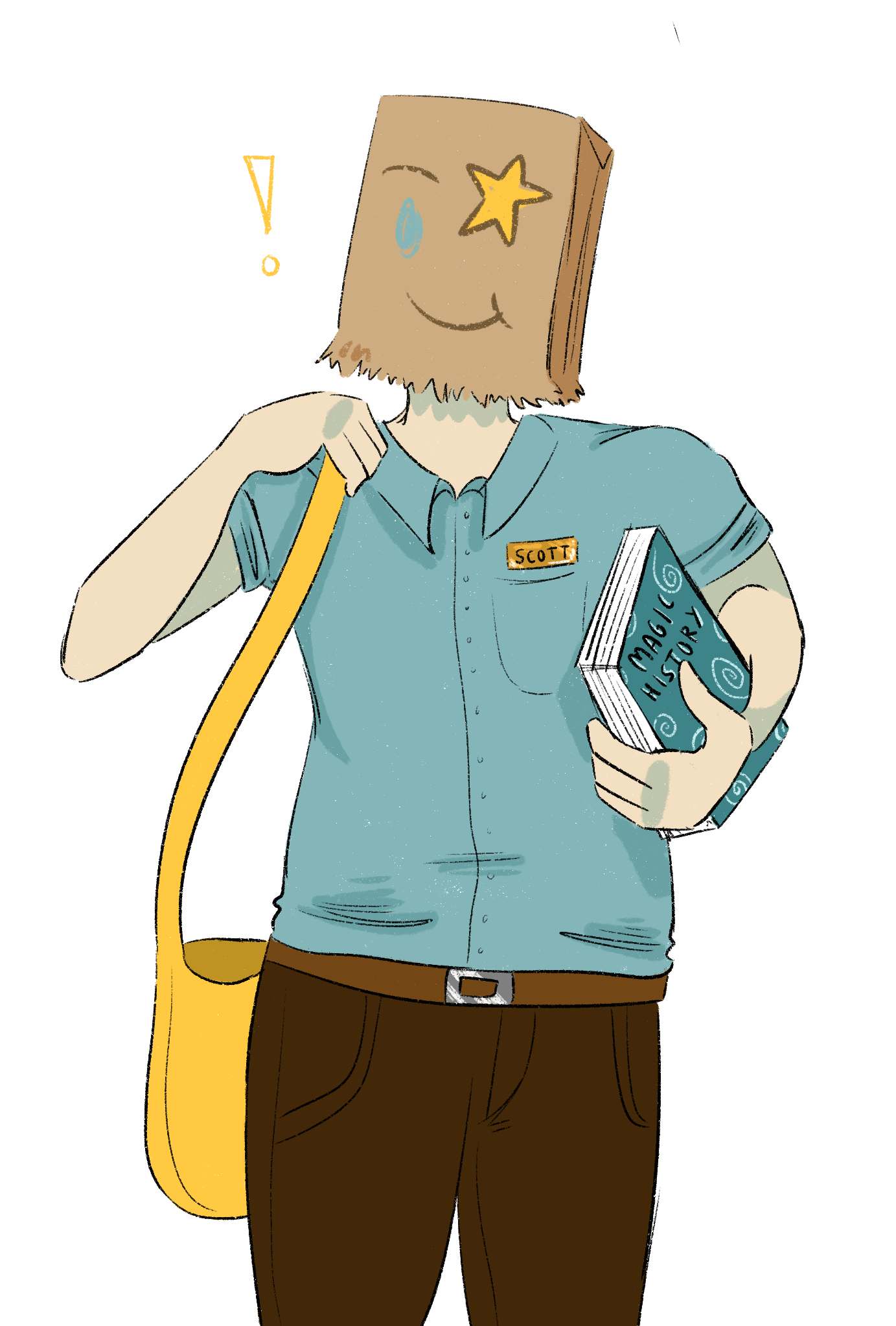 Digital drawing of a man with a smiley faced paper bag for a head.