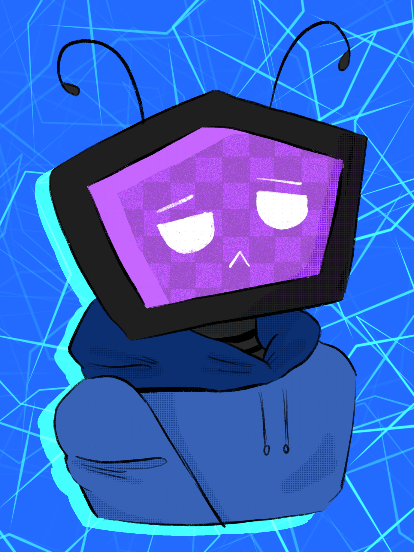 Digital drawing of a TV headed character with a purple static screen.