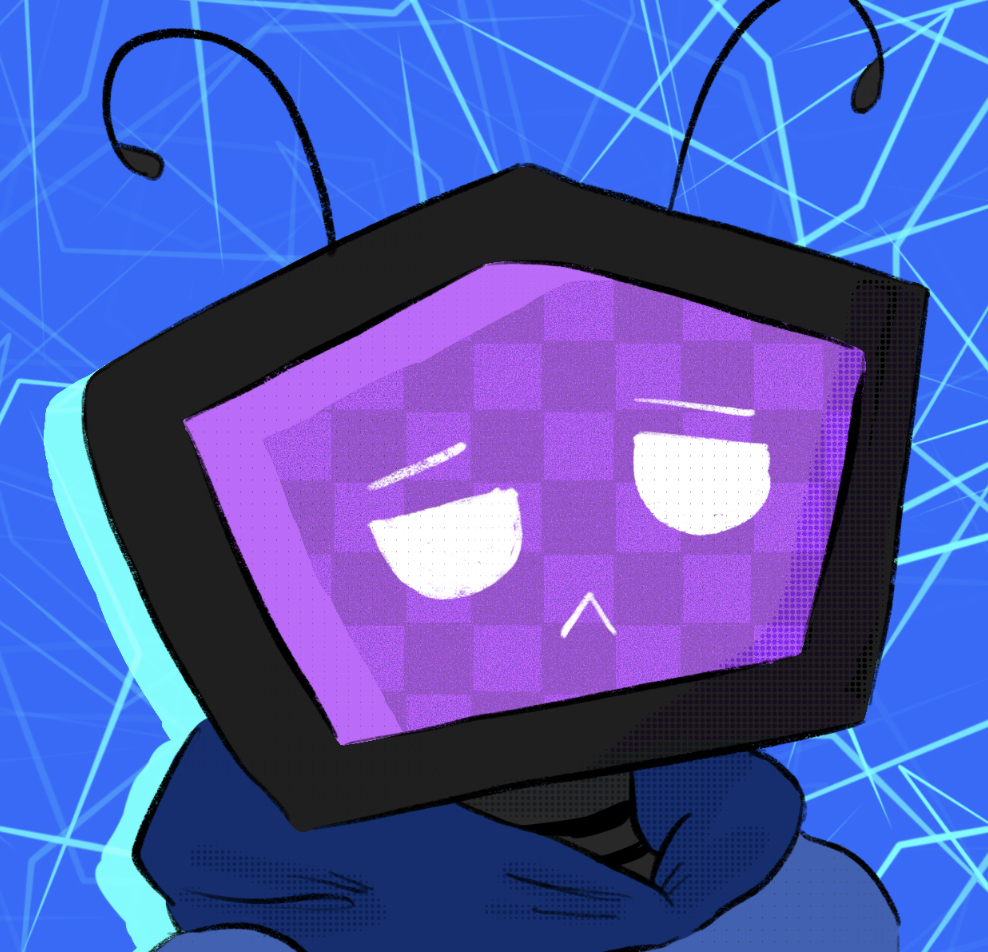 Purple tv screen with face