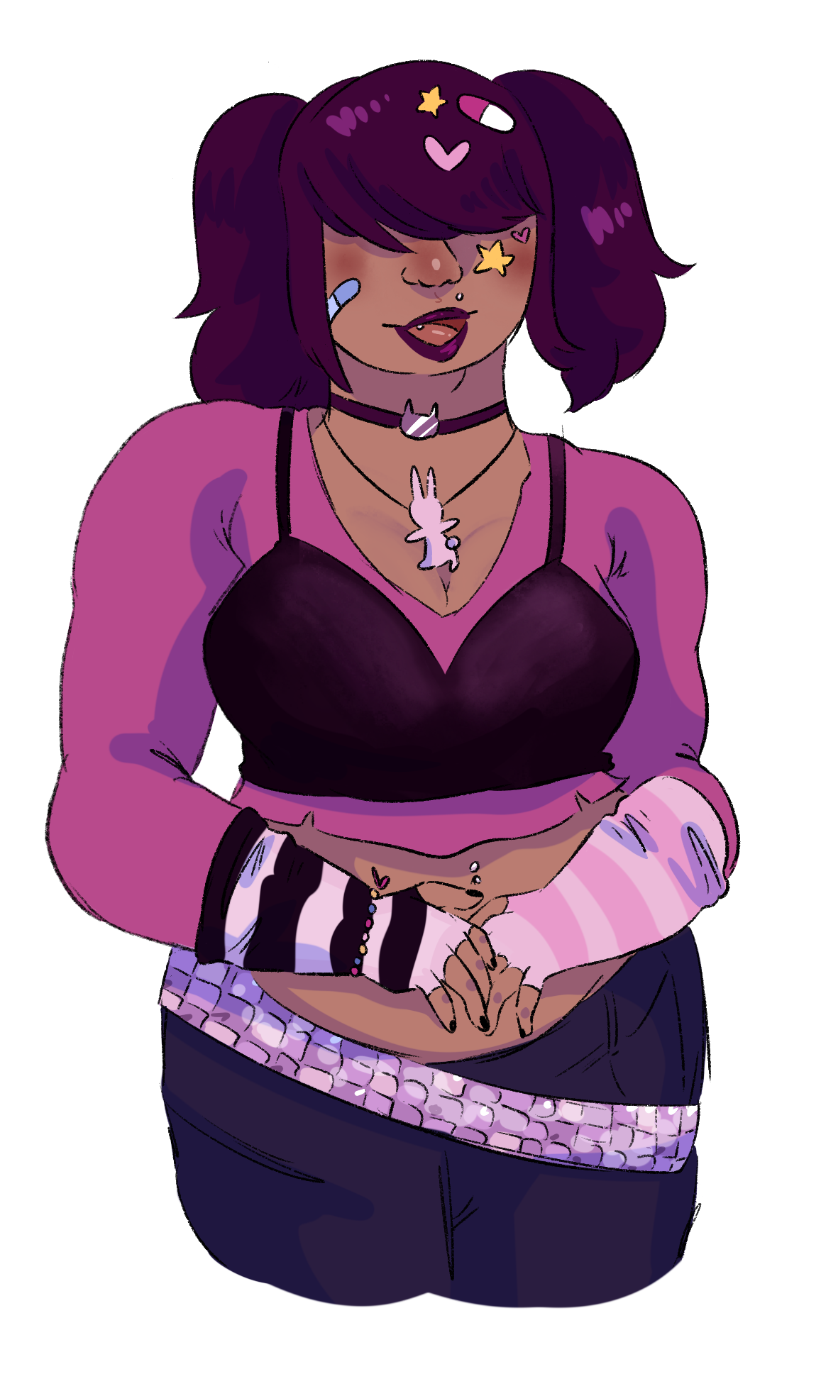 Digital drawing of a brown skinned woman with pigtails.