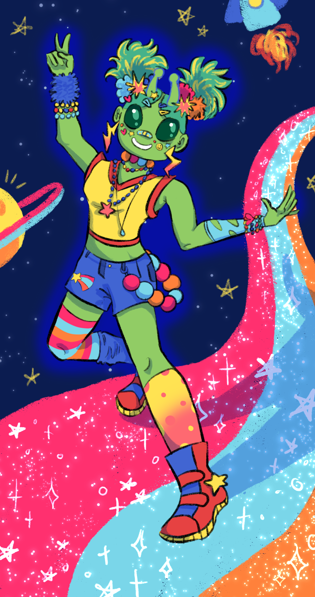 Digital drawing of a humanoid green alien dressed in very colourful clothes.