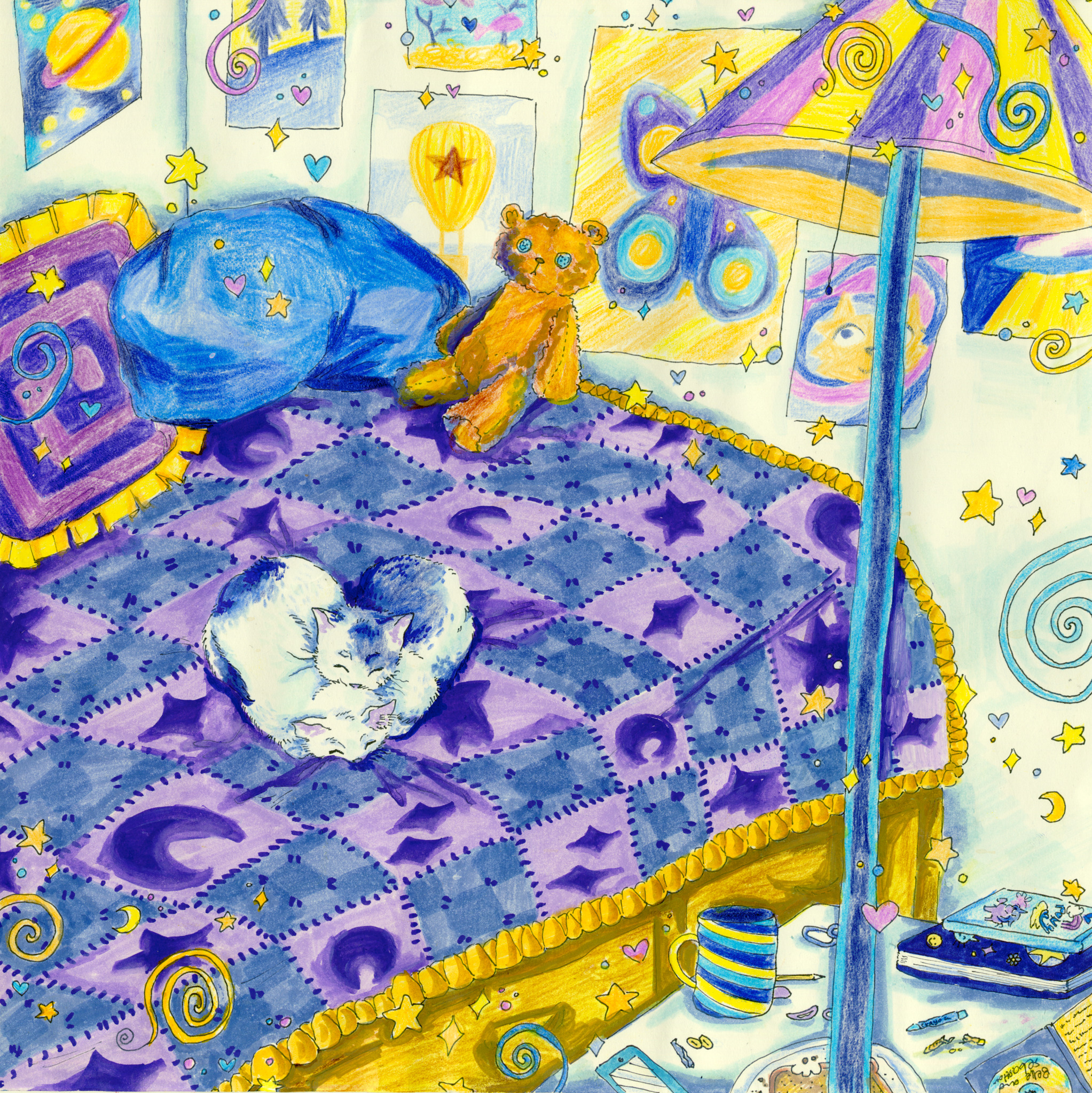 drawing of 2 cats in bedroom