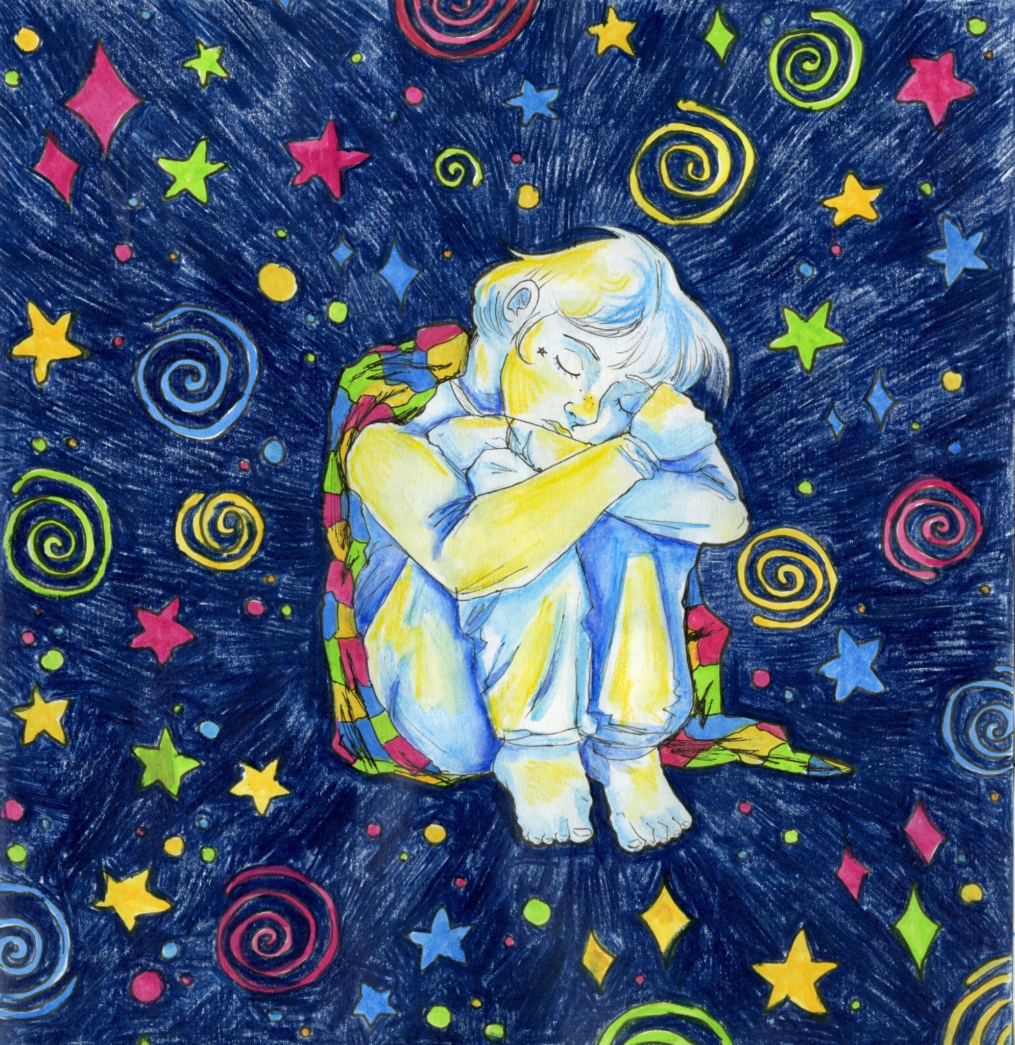 drawing of a person curled up