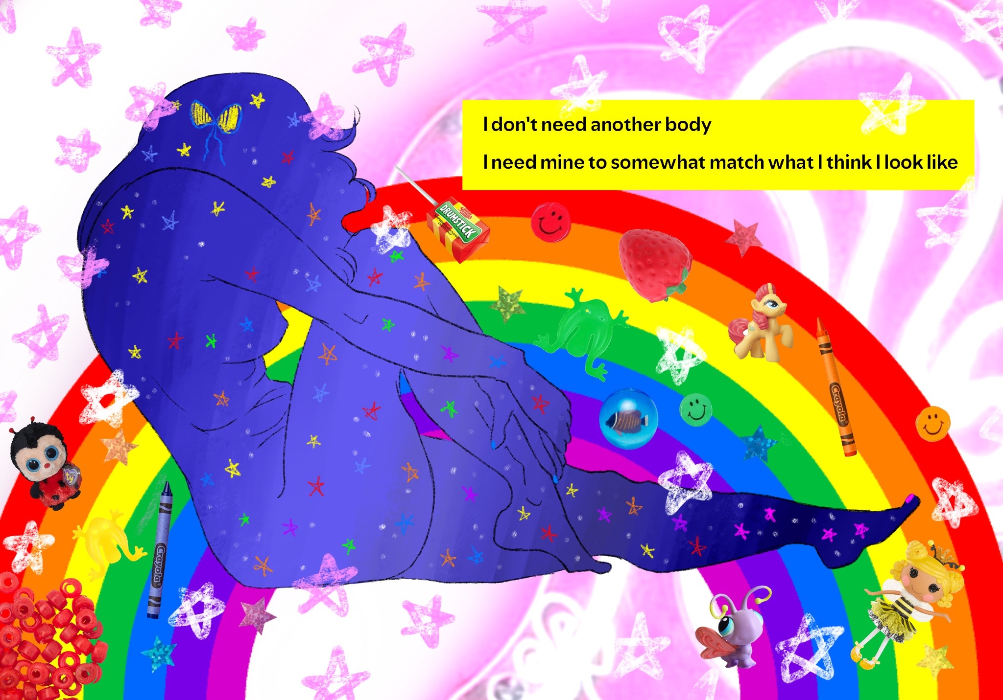 drawing of purple woman in front of rainbow