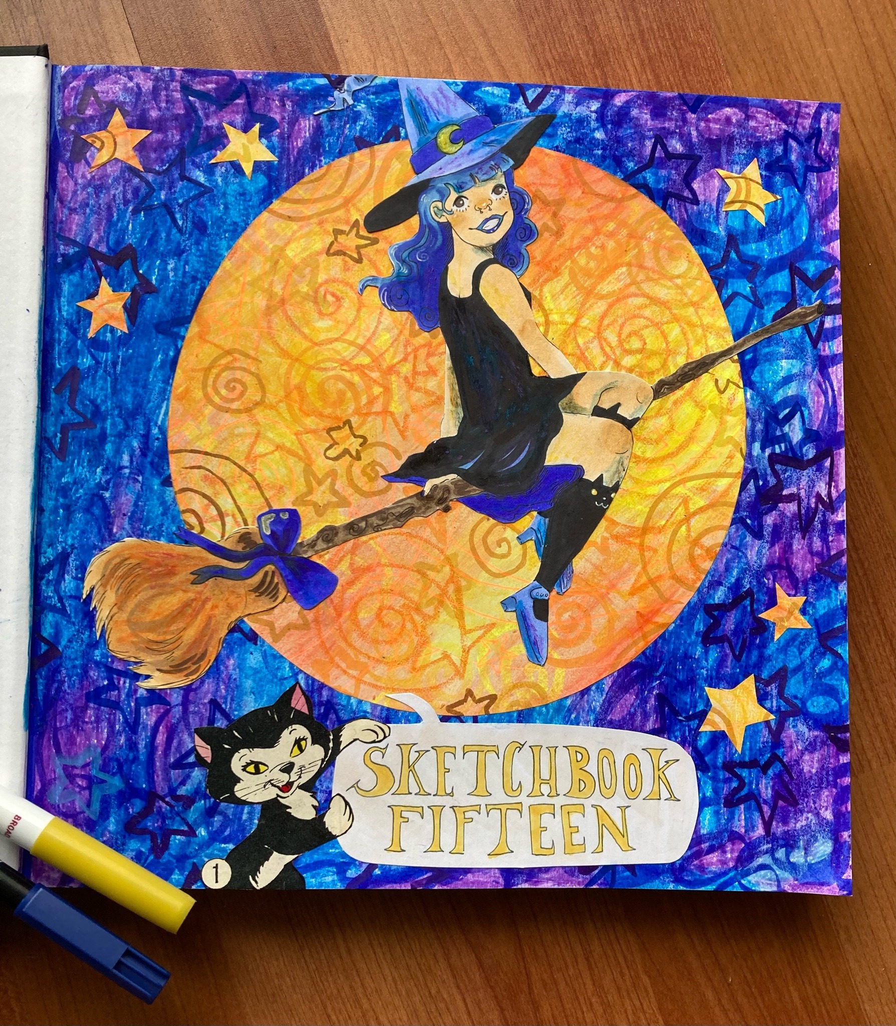 drawing of witch flying in front of moon