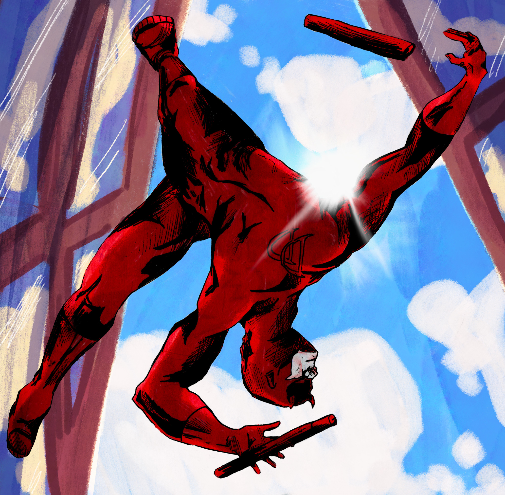 Digital drawing of Daredevil against the sky.