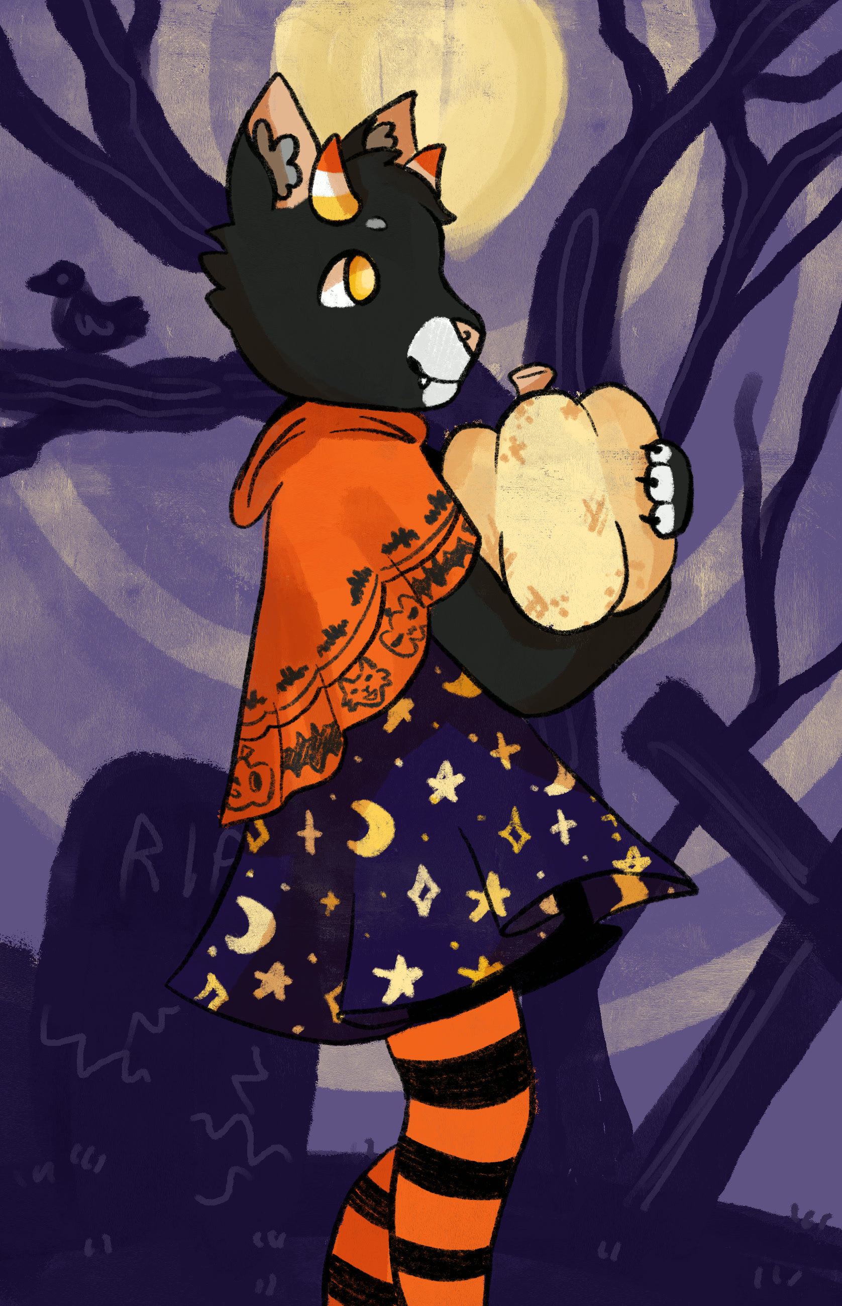 Digital drawing of an anthro black cat in Halloween clothes, with candy corn horns and holding a pumpkin.