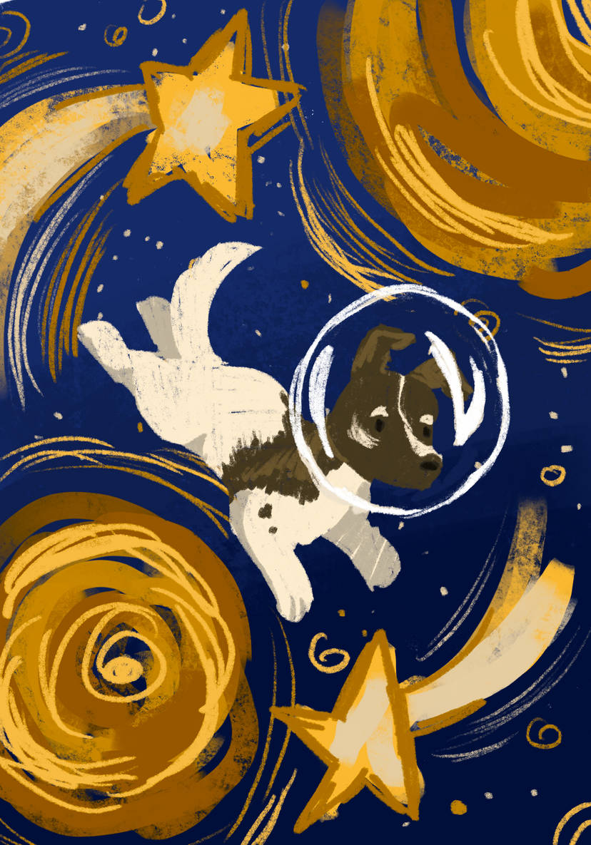 Digital drawing of Laika the dog with a bubble round her head, among starbursts.