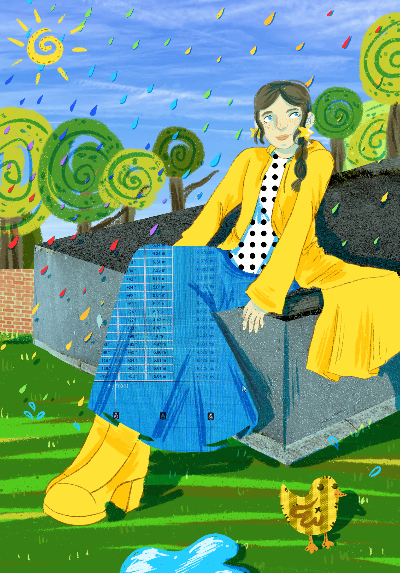 Digital drawing of a girl sitting in park while it rains rainbow coloured rain.