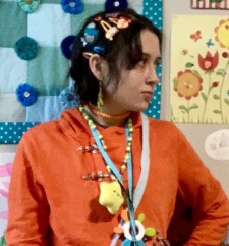 orange and blue outfit