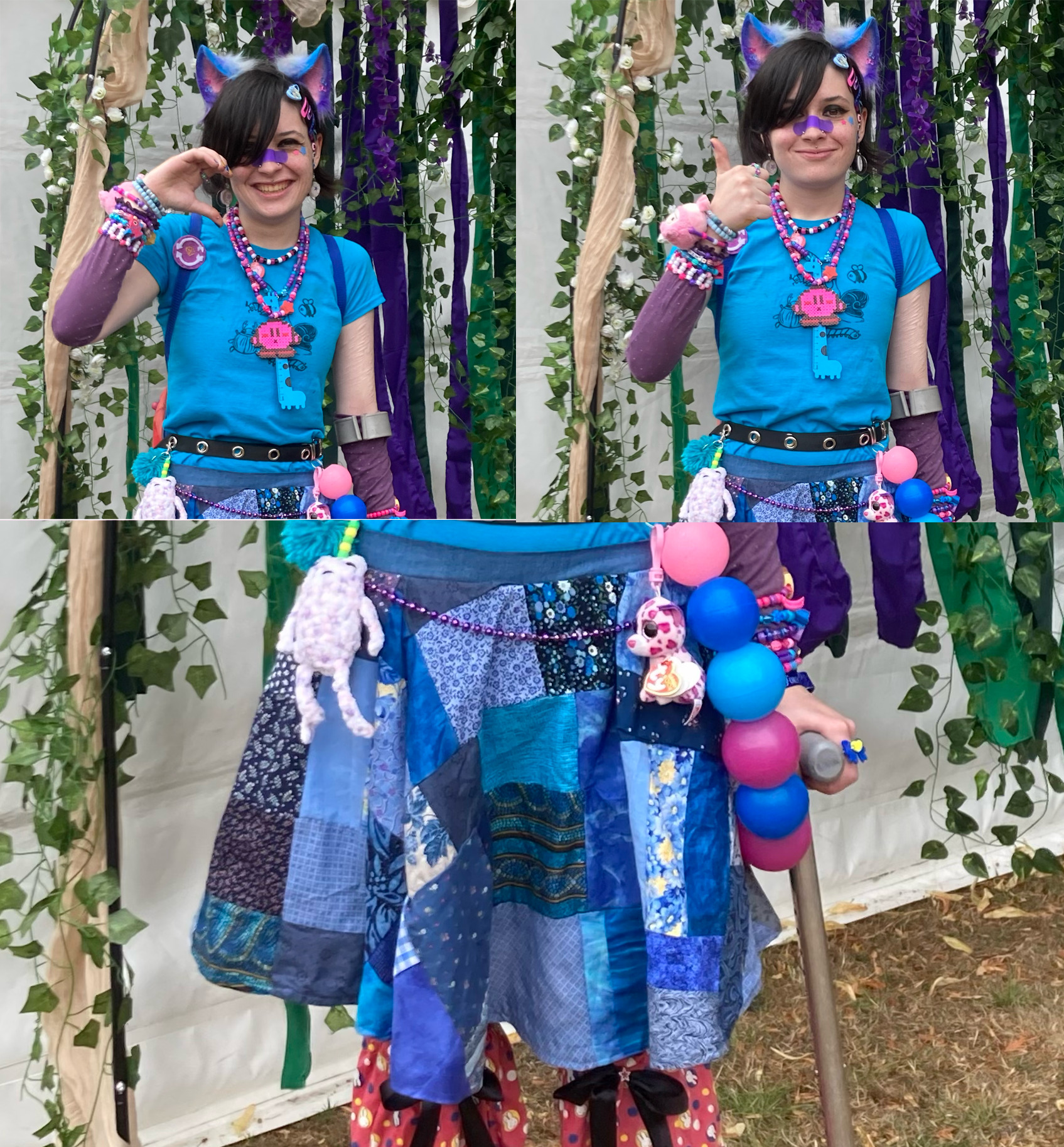 3 images of a person wearing a blue patchwork skirt styled with a bright blue t-shirt.