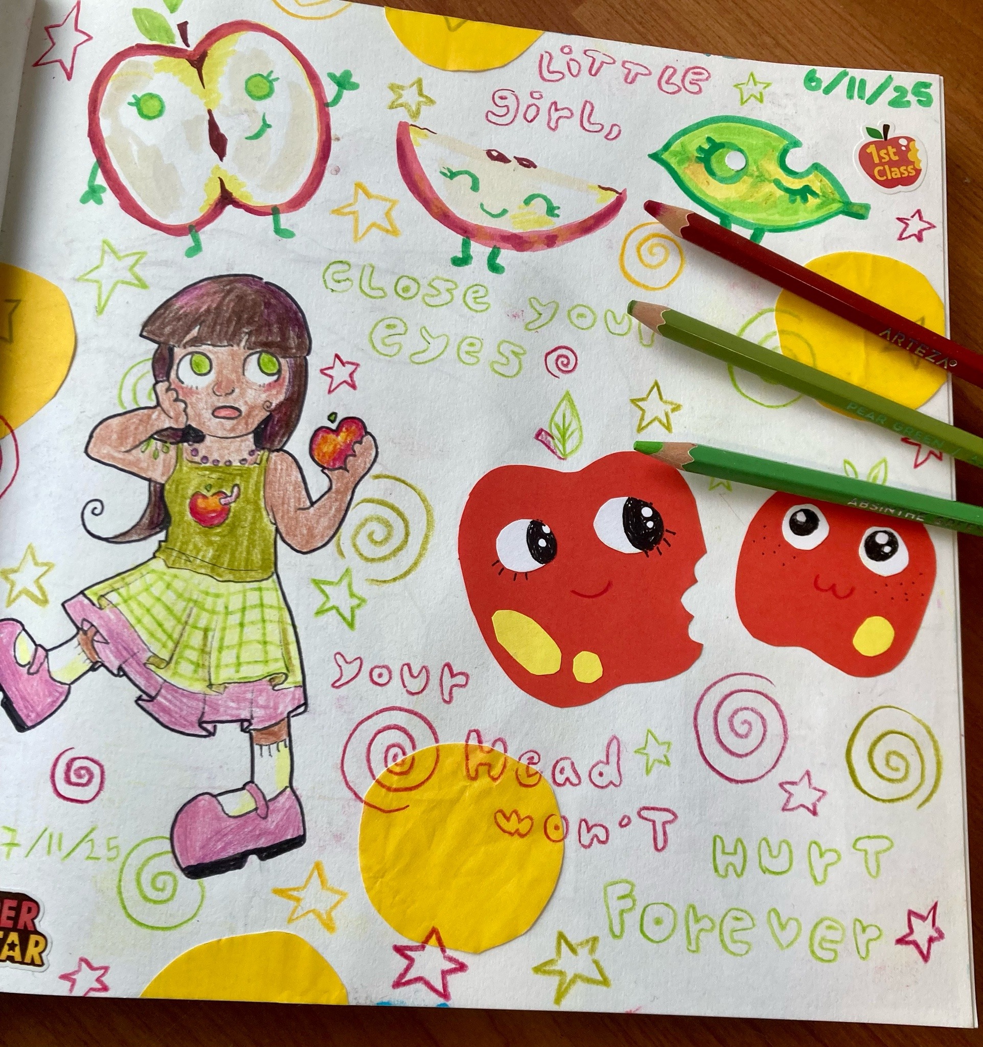 Sketch page of an apple themed girl and apples.