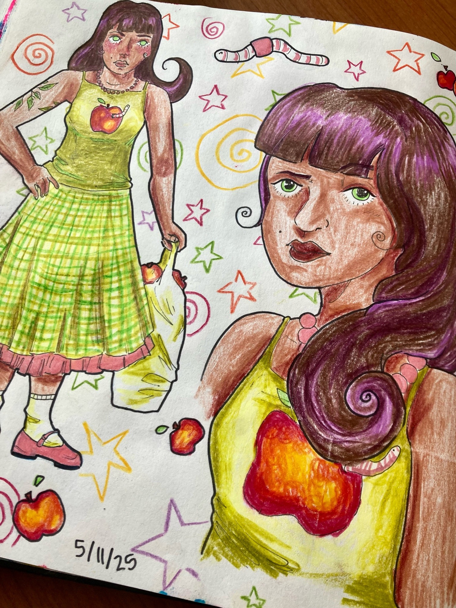 Sketch page of an apple themed girl.