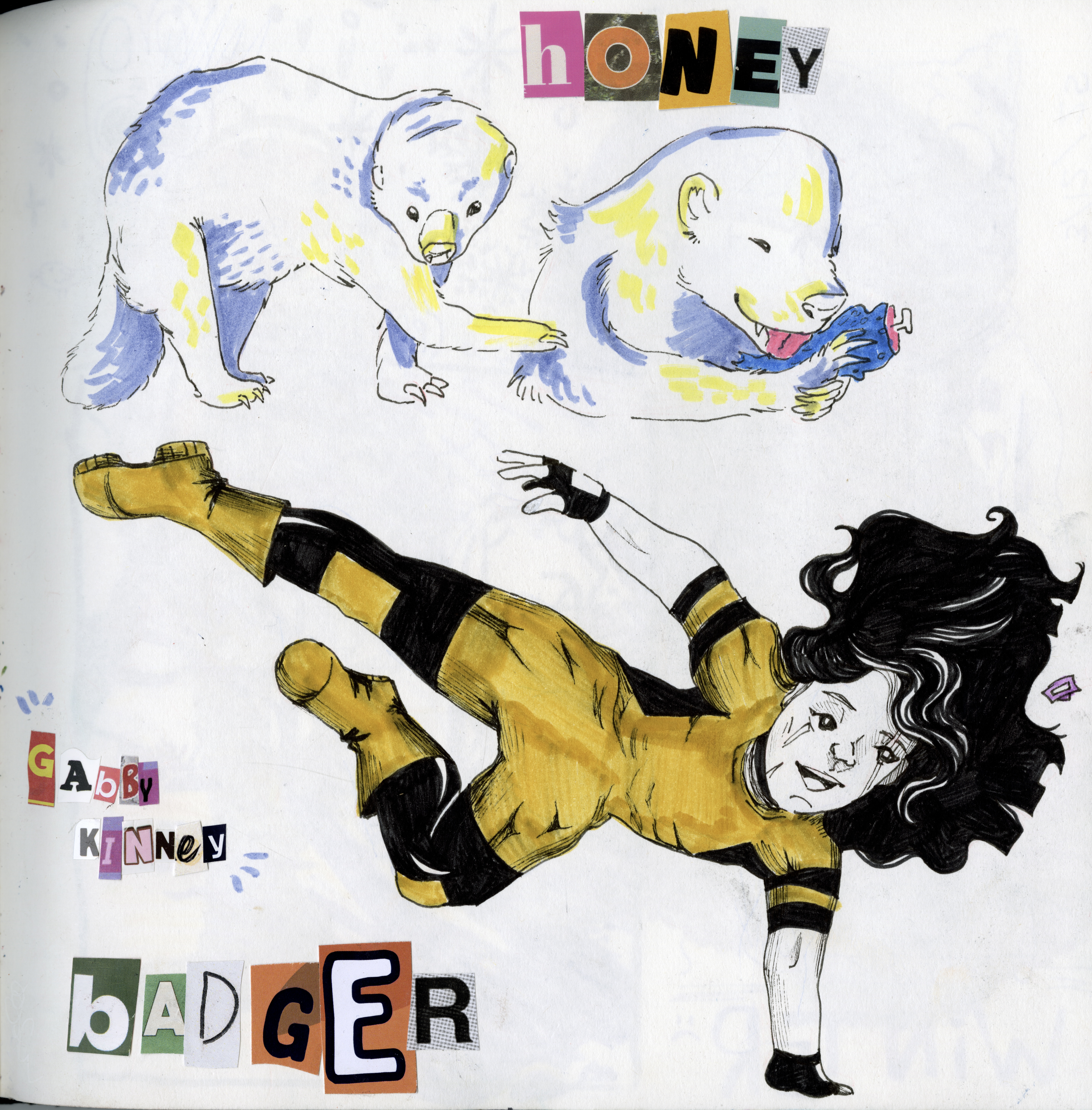 Pen drawing of Gabby and honey badgers.