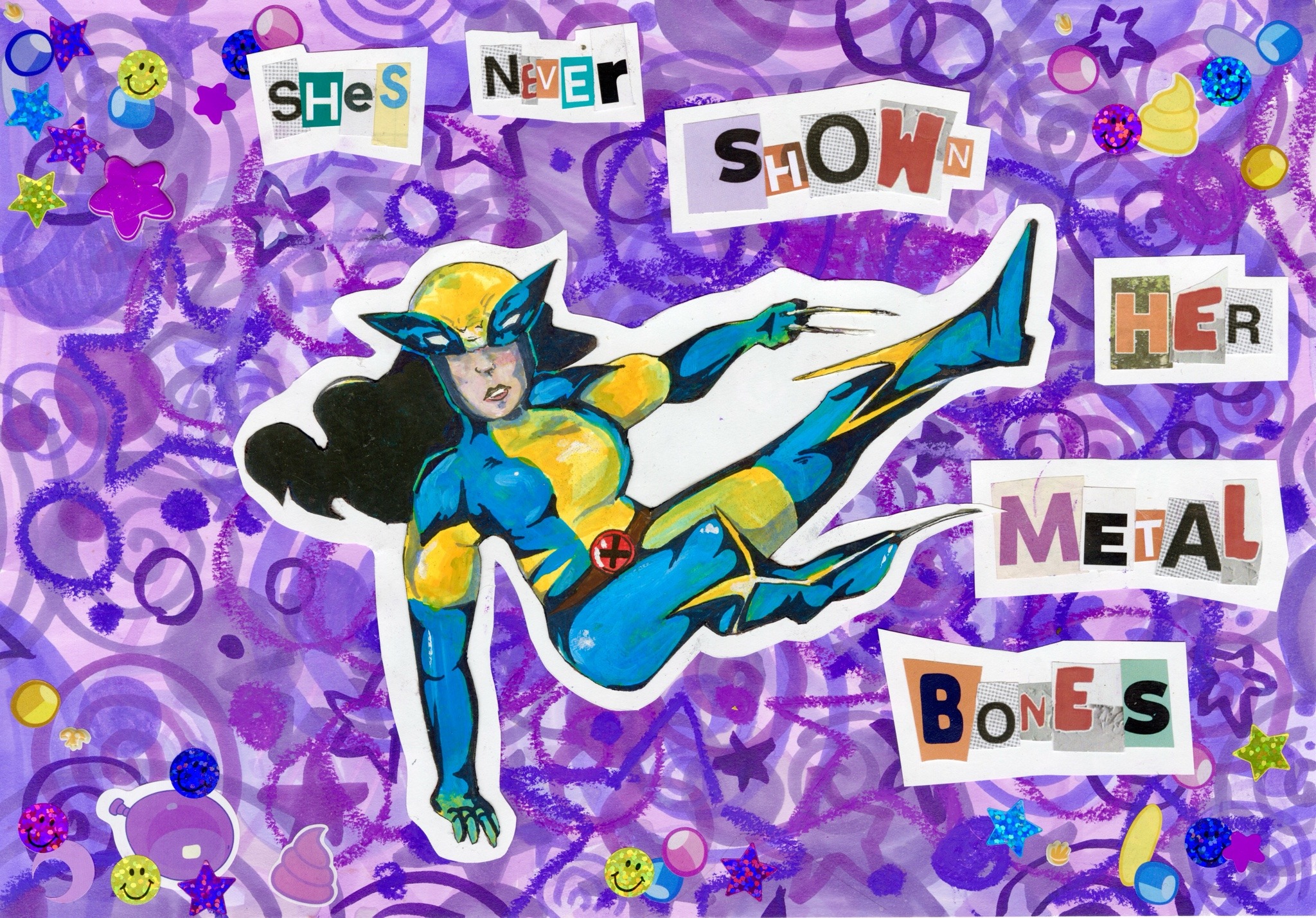 Drawing of Laura Kinney as Wolverine with the words 'she's never shown her metal bones'.