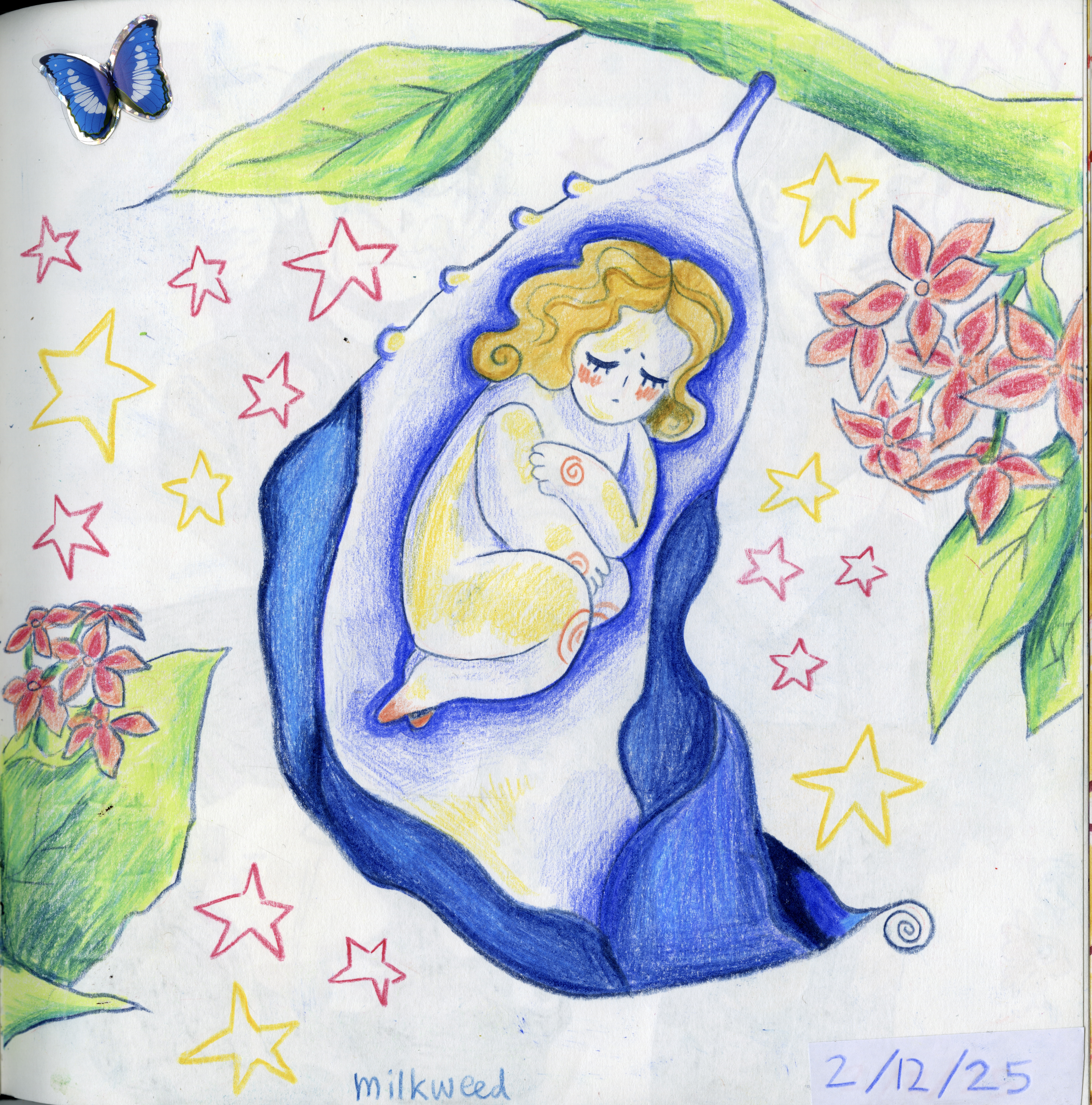 Drawing of a person curled up in a chrysalis.