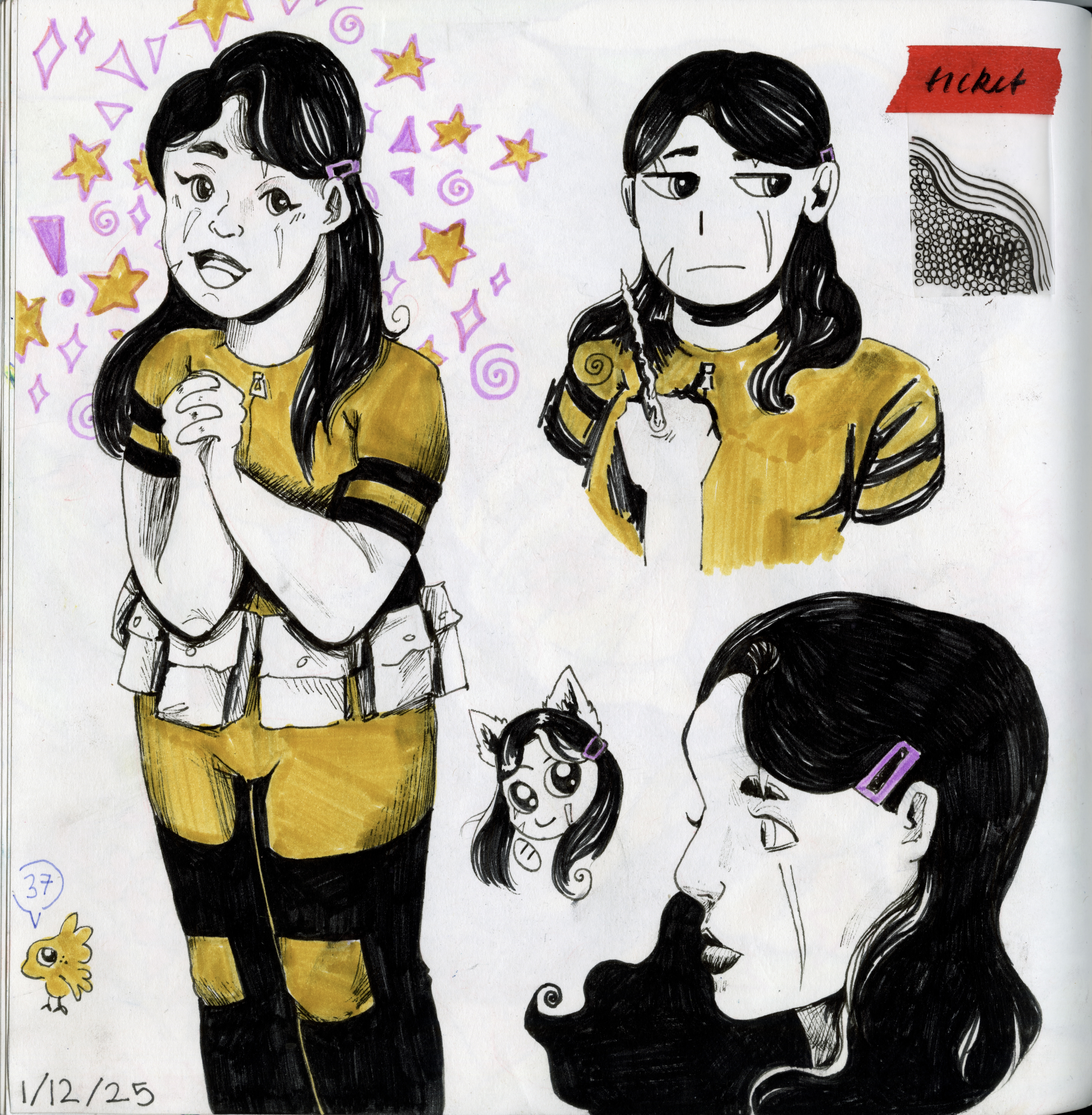 Pen drawings of Gabby from Marvel Comics.