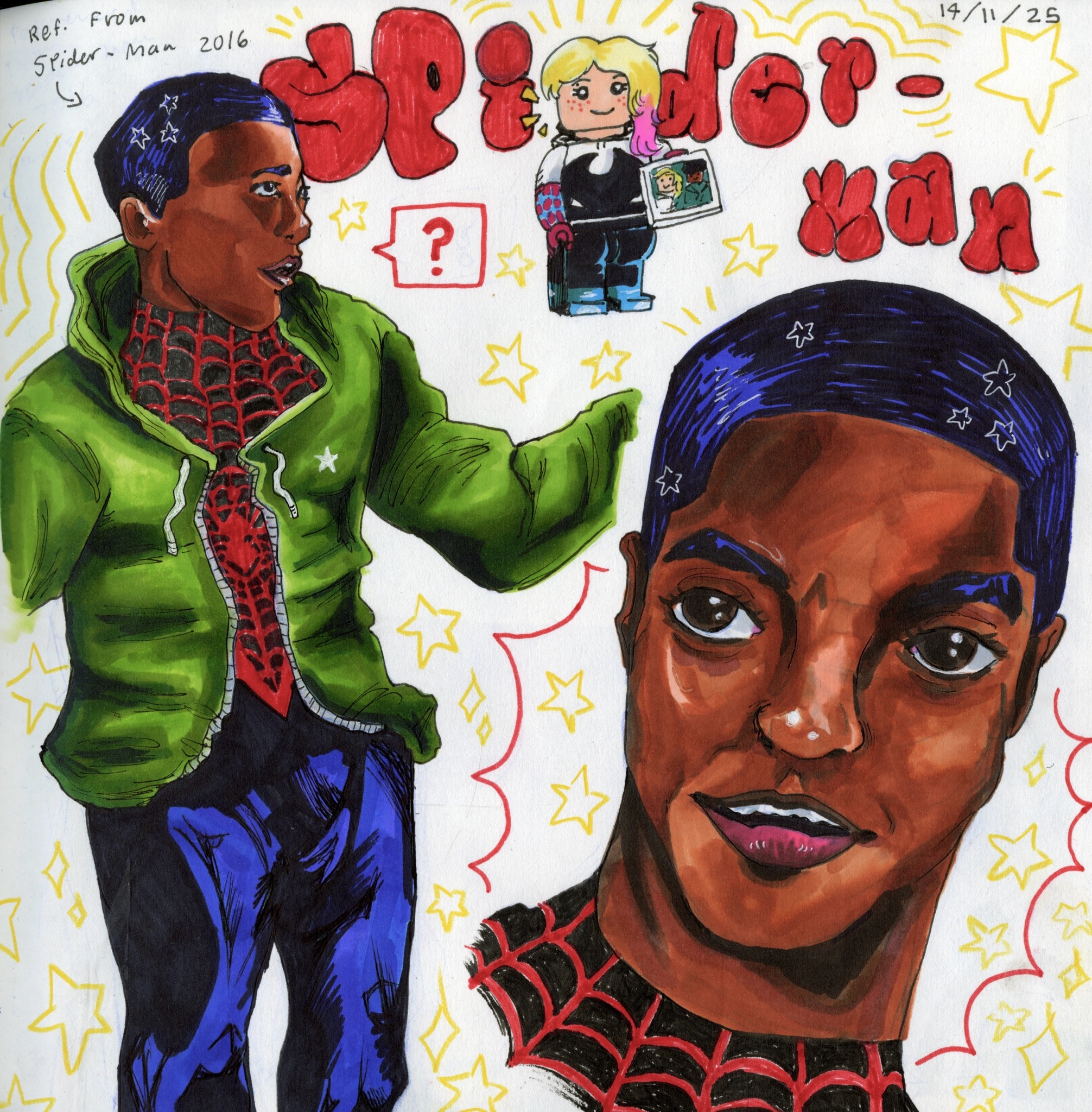 Two drawings of Miles Morales Spider-Man.
