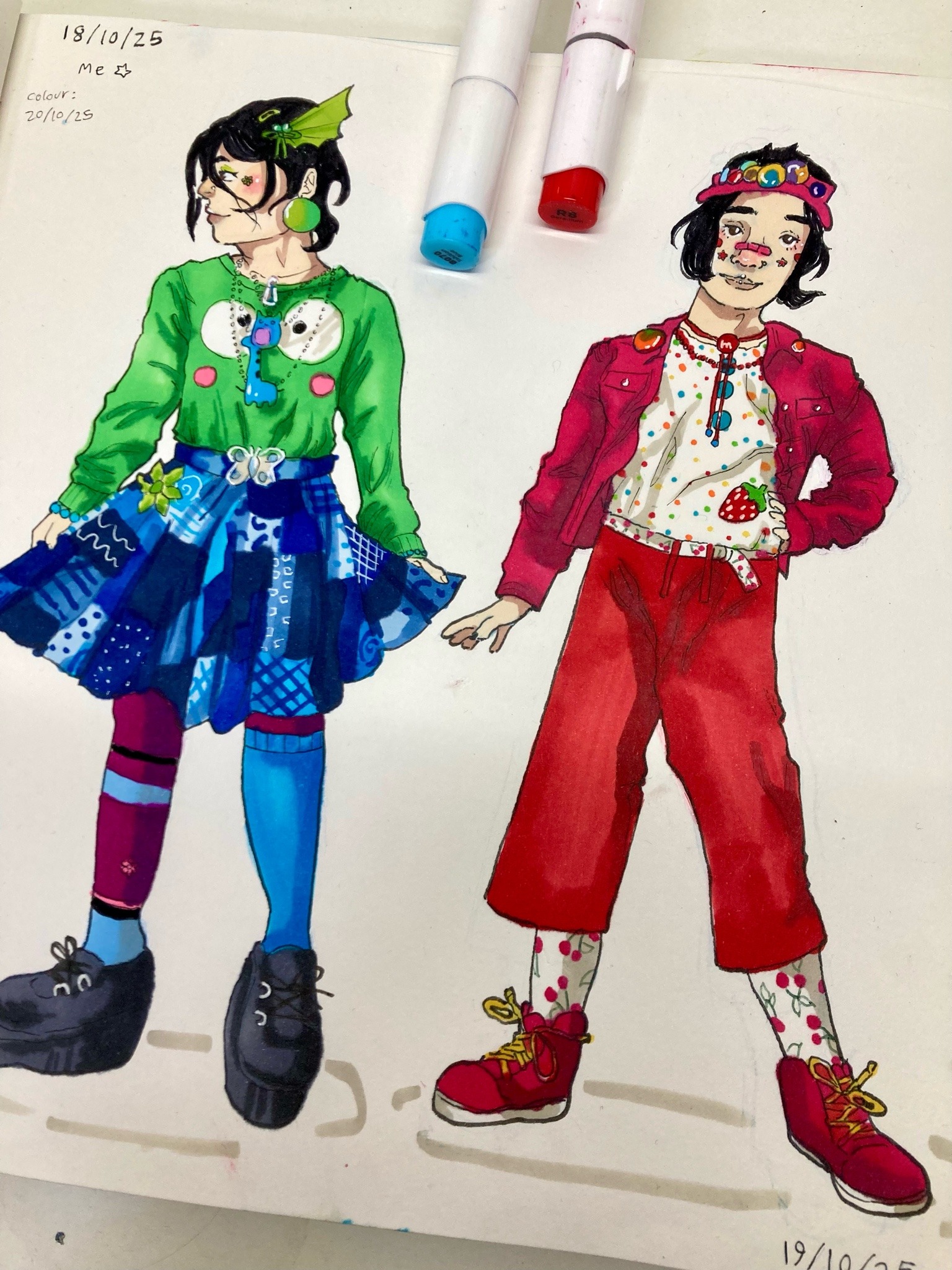 Drawing of someone in two different outfits, one red and one green and blue.