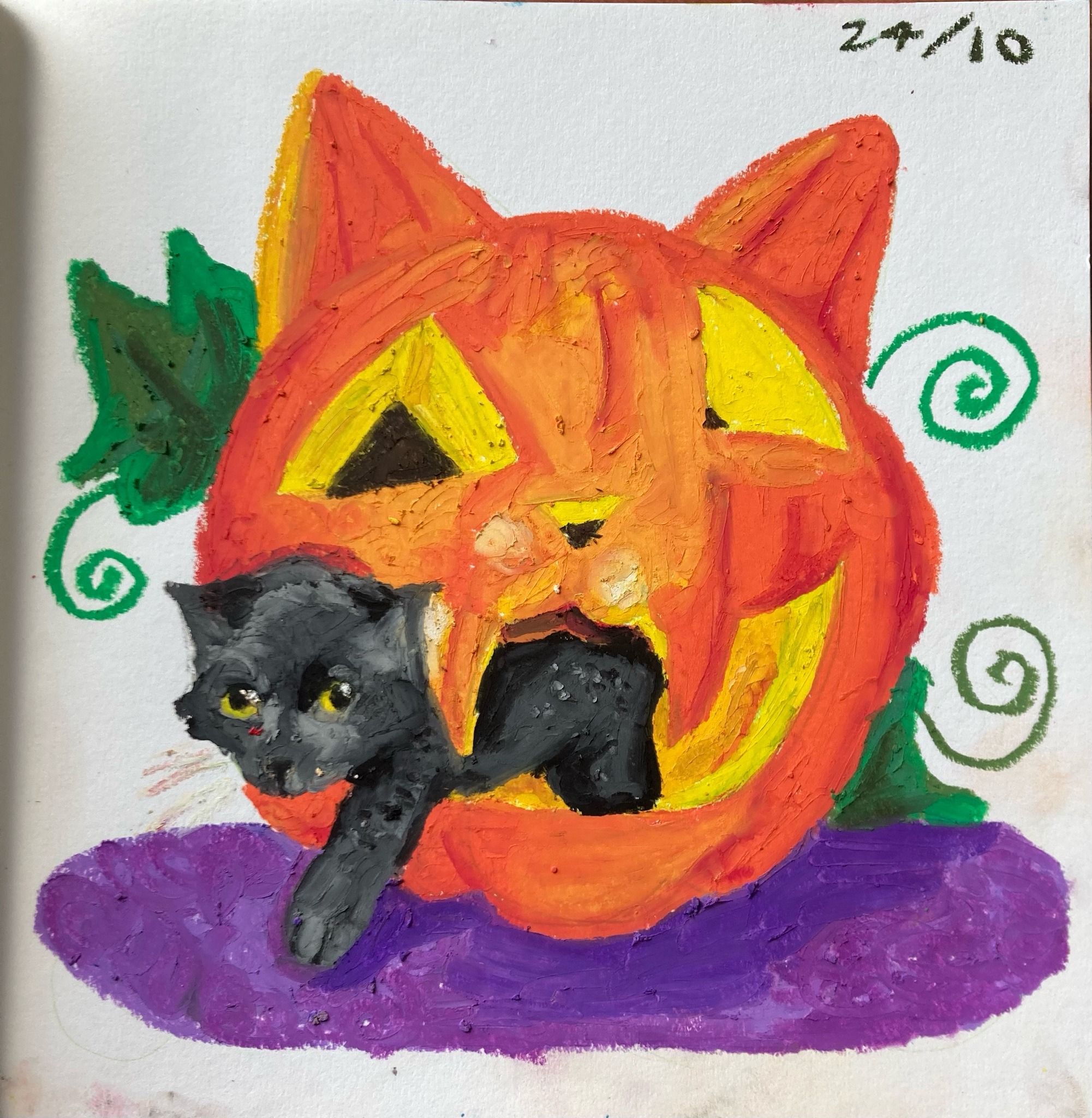 Drawing of a black cat in a cat shaped pumpkin.