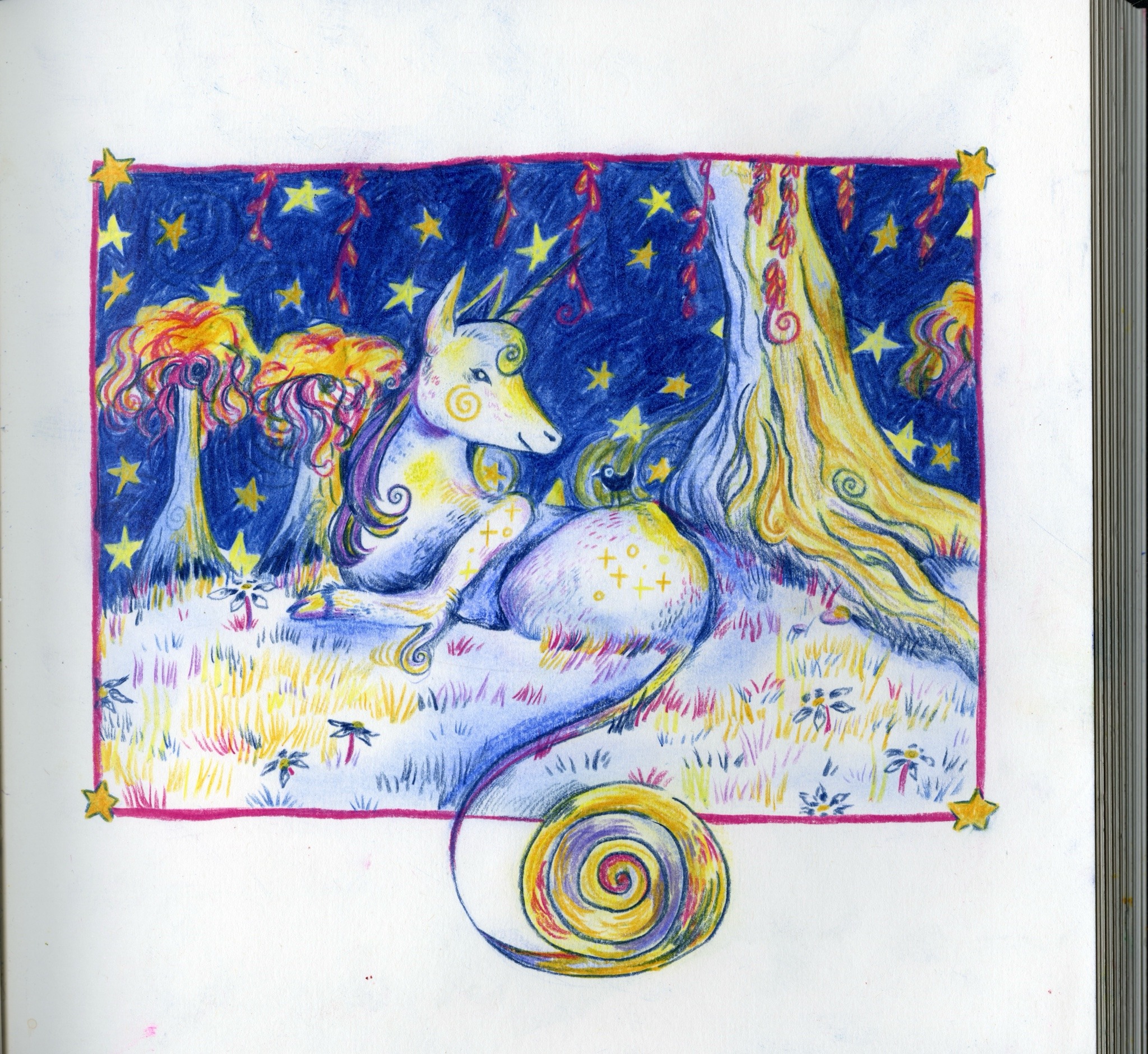 Drawing of a purple, blue and yellow unicorn.