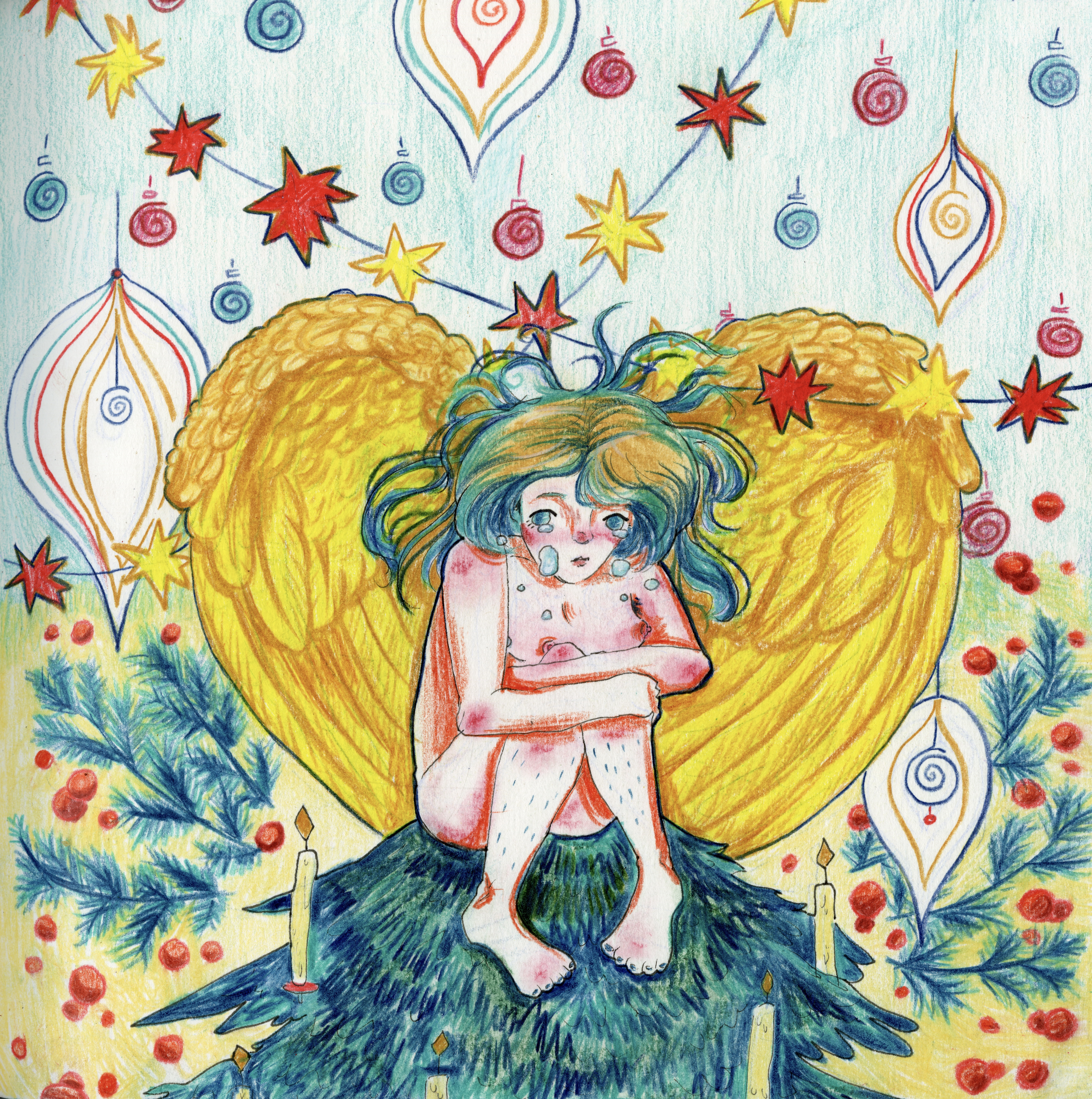 Drawing of an angel on top of a christmas tree